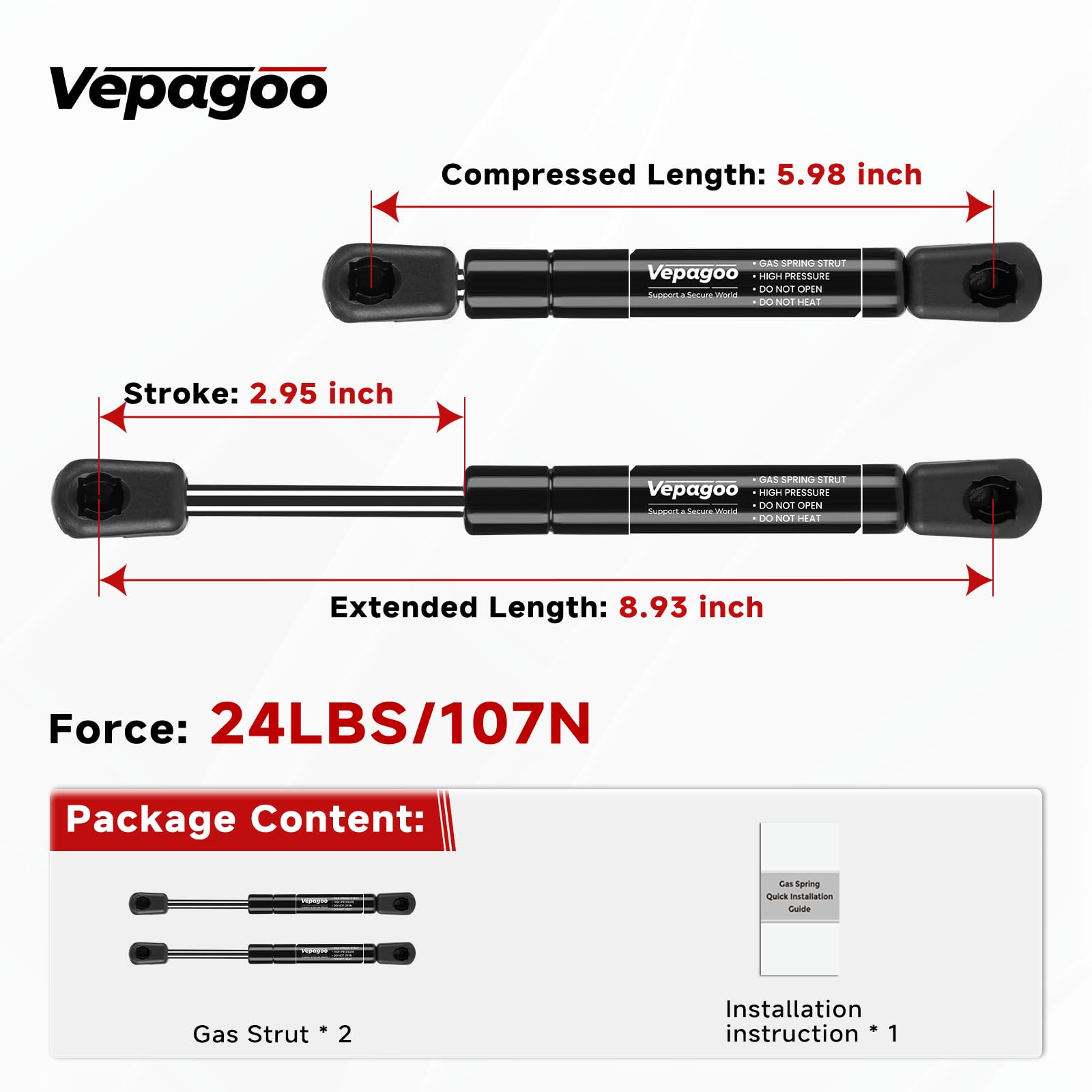 Vepagoo 9 Inch 24Lb/107N Gas Struts Shocks Springs Lift Supports Compatible With Truck Pickup Tool Box Cabinet Lid Rv Door Toy C