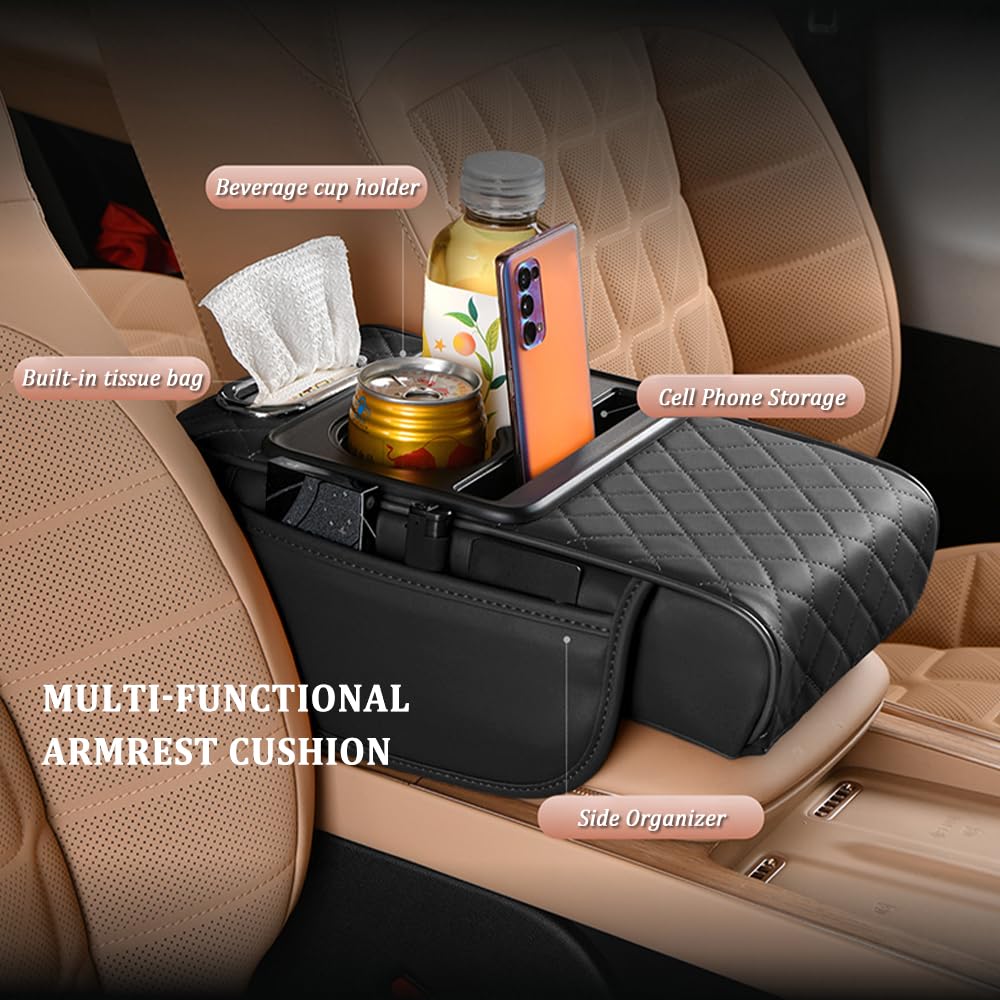 5-in-1 Car Center Console Cover,Multifunctional Arm Rest Cover for Car with Cup Holder,Phone Holder,Pocket,Car Tissue Holder,Lea