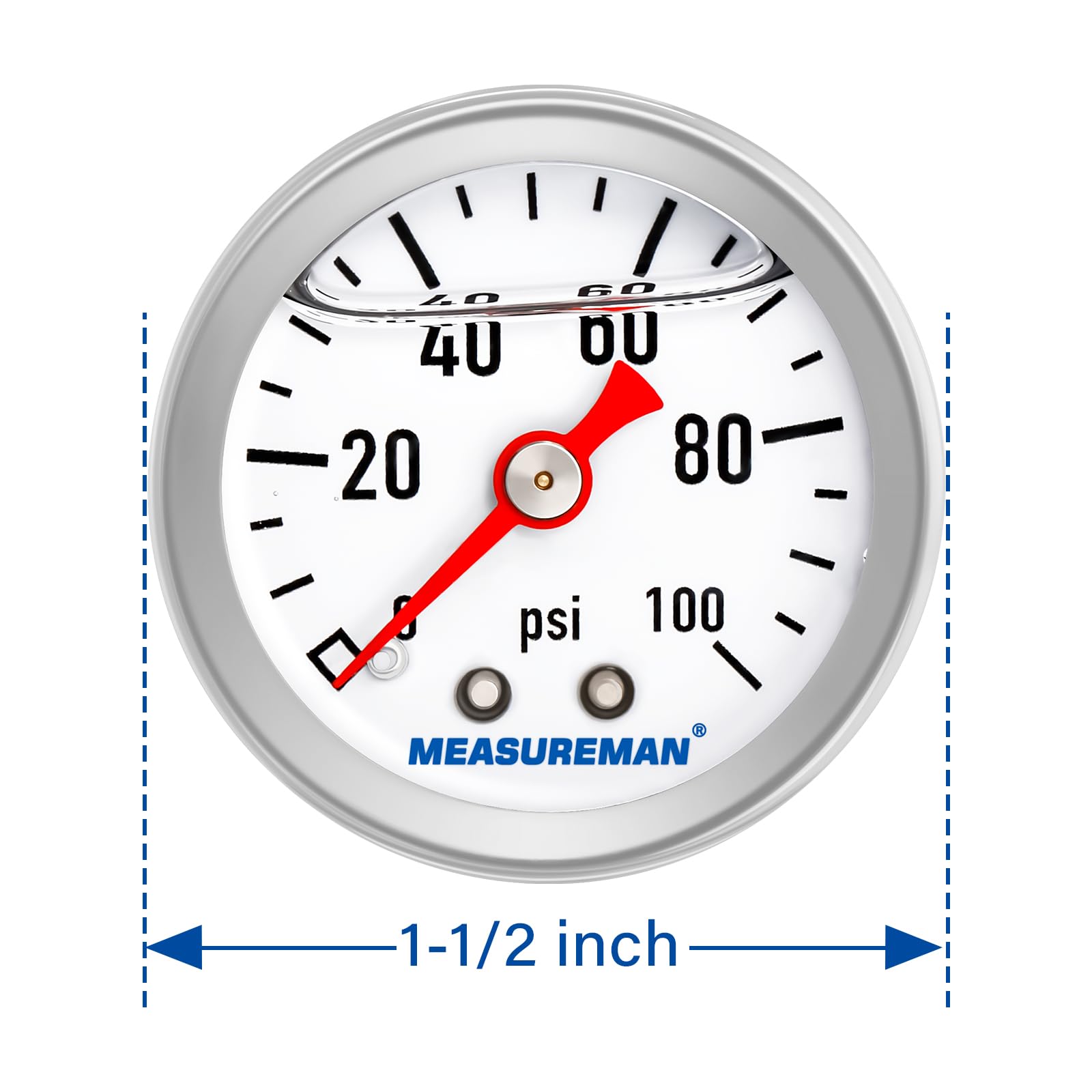Measureman 1-1/2'' Dial Size, 304 Stainless Steel Case, Liquid Filled Fuel Pressure Gauge, 0-100Psi, 3-2-3%, 1/8'' Npt Center Ba