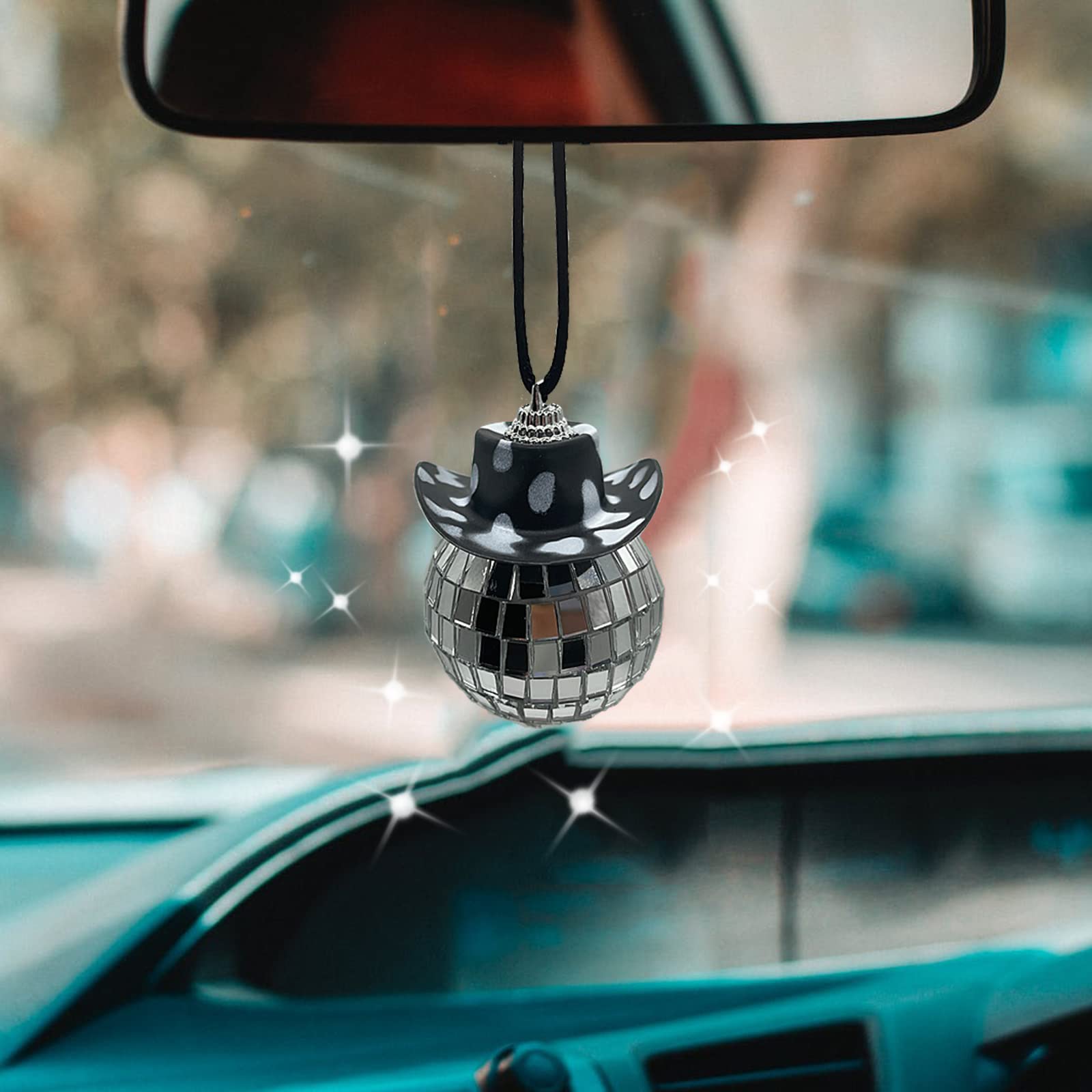 Spansee Black White Cow Print Car Accessories - Disco Ball for Rear View Mirror, Cowboy Hat - Black Accessories for Women