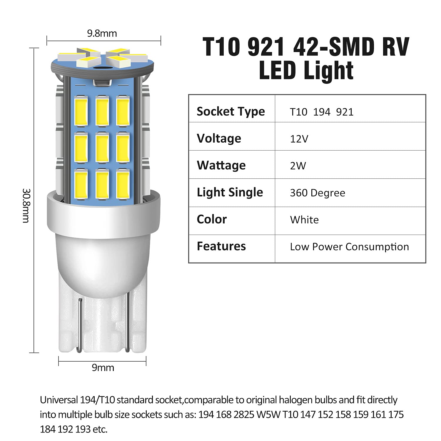 Acohuike T10 921 194 168 175 Led Bulbs White 20-Packs, Super Bright 3014 42-Smd Led Replacement 12 Volt Rv Camper Trailer Boat Trunk Interior Dome Map License Lights, Backup Reverse Lights