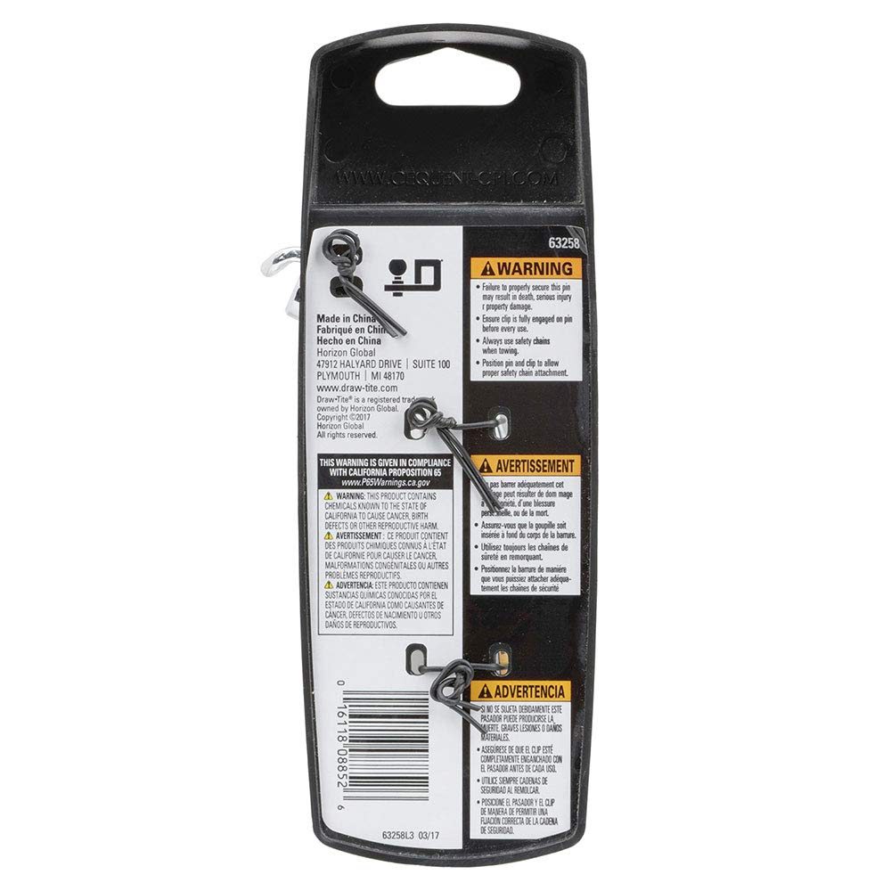 Draw-Tite 63258 Class V Trailer Hitch Pin And Clip - 5/8 Diameter For 3 Square Receiver Opening