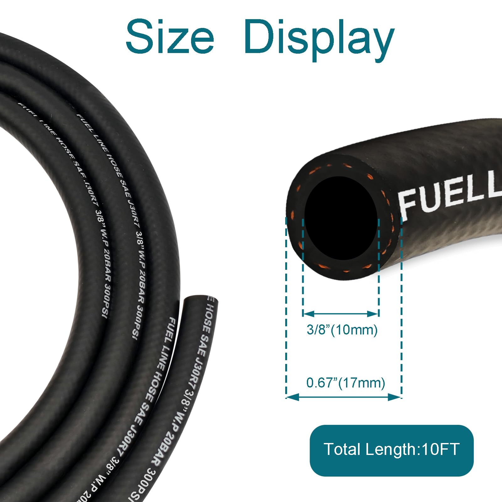 HOUSUN Fuel Line 3/8 1/2 Inch ID, Fuel Hose 10FT 300PSI High-Pressure with 20 Clamps., J30R7 Fuel Line Hose NBR.