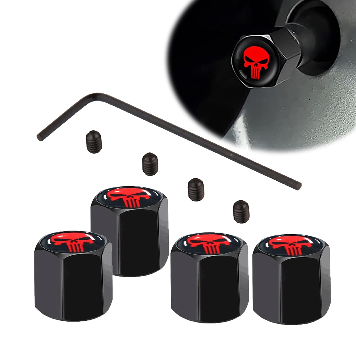 Zkfar Pack-4 Skull Car Wheel Tire Valve Stem Caps, Anti-Theft Tire Air Valve Caps, Airtight Dust Proof Covers (Black)