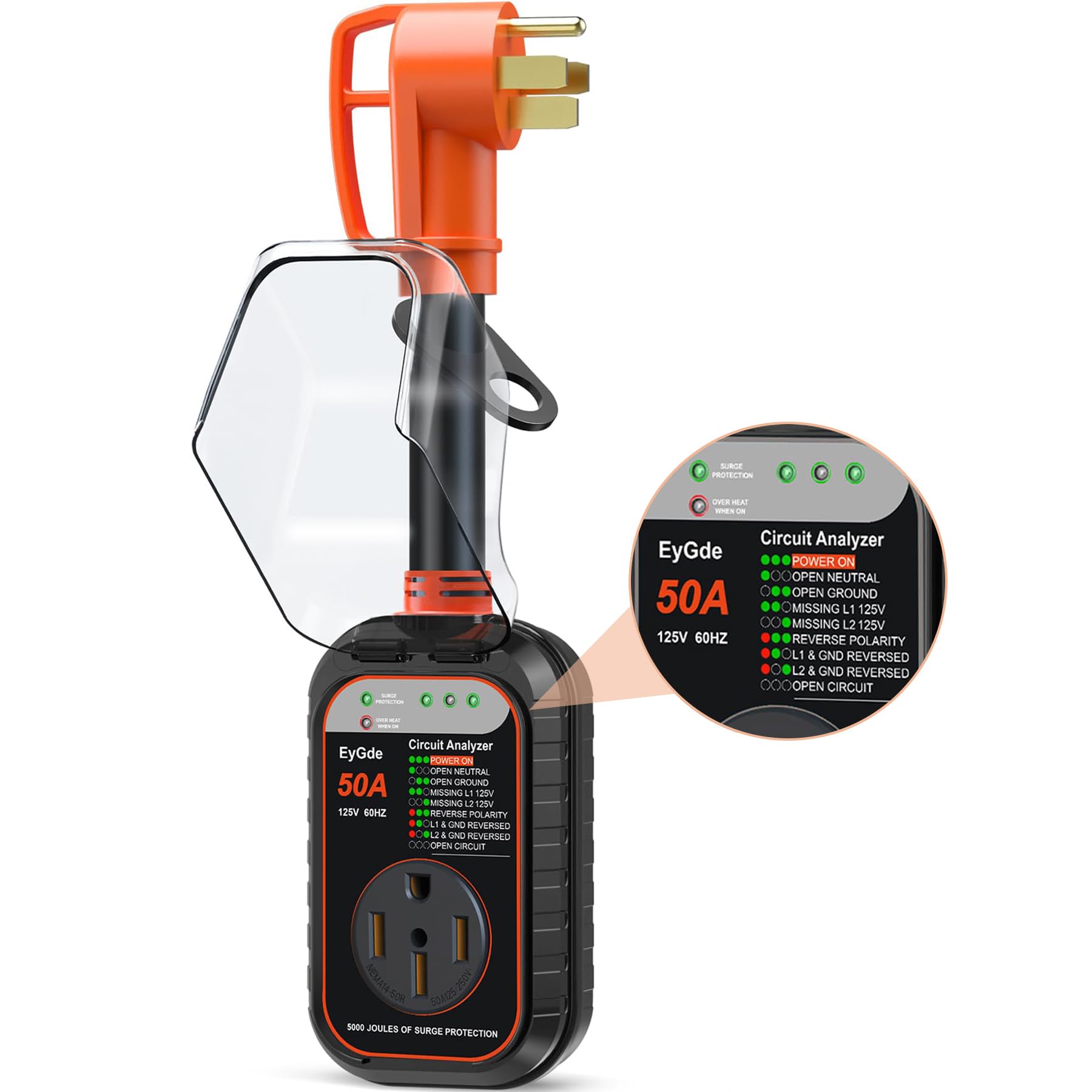 Eygde Rv Surge Protector 50 Amp, Rv Circuit Analyzer With Waterproof Cover, Rv Accessories Power Voltage Protection Guard For Ca