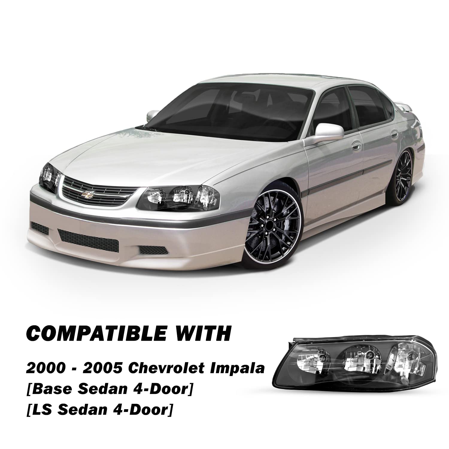 Sockir Headlight Assembly With Bulbs Included Compatible With 2000-2005 Chevy Impala, Black Housing & Amber Reflector