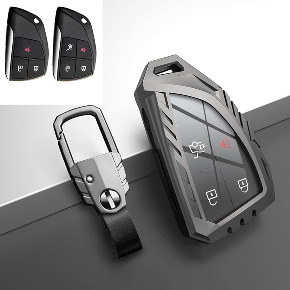 Noreyvis Zinc Alloy Smart Key Fob Case Cover Holder Shell With Keychain Compatible For Chevrolet Suburban Tahoe Gmc Yukon 3/4/5/6 Buttons 2021 2022 (Gray)