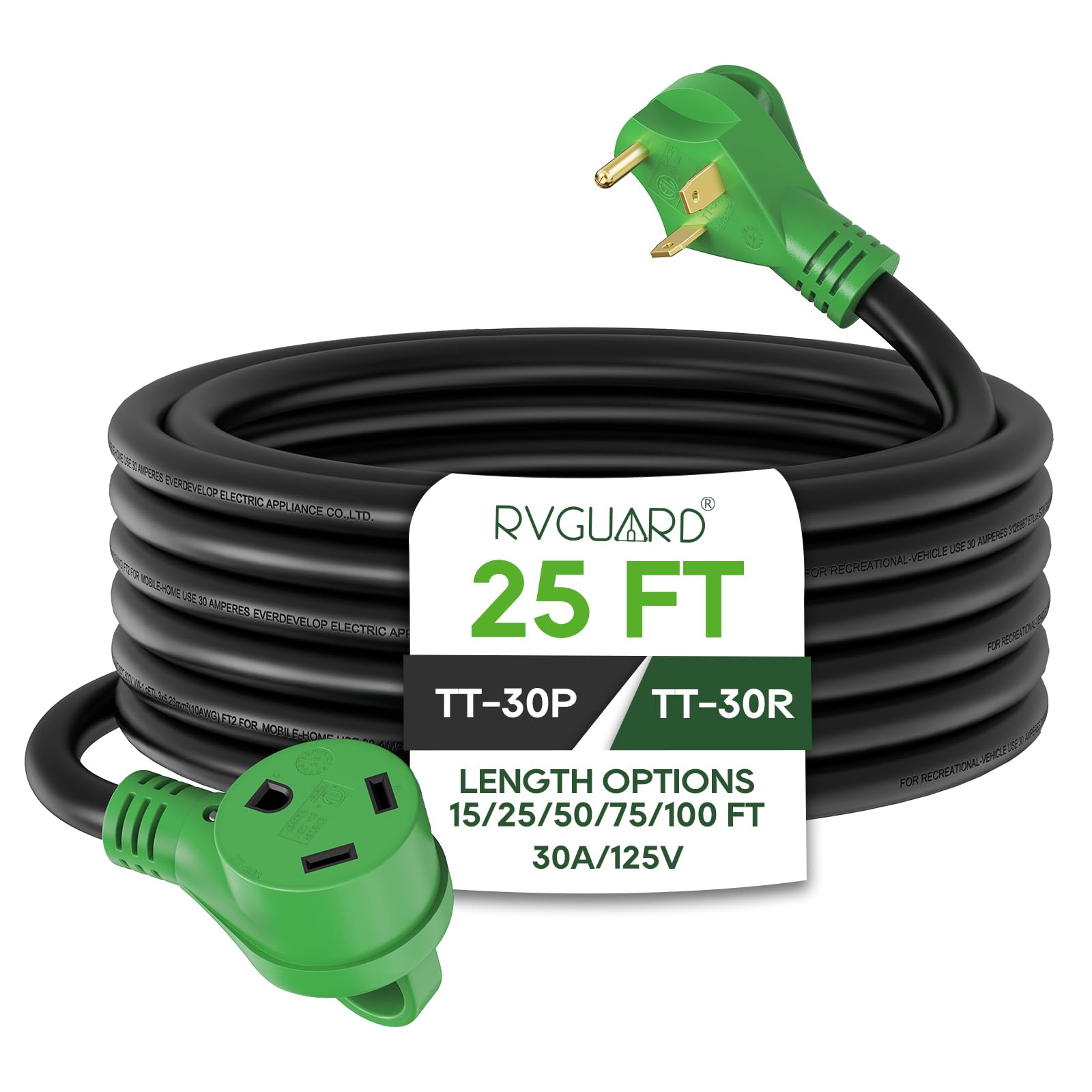 Rvguard 30 Amp 25 Foot Rv Extension Cord, Heavy Duty 10/3 Gauge Stw Cord With Led Power Indicator And Cord Organizer, Tt-30P/R S