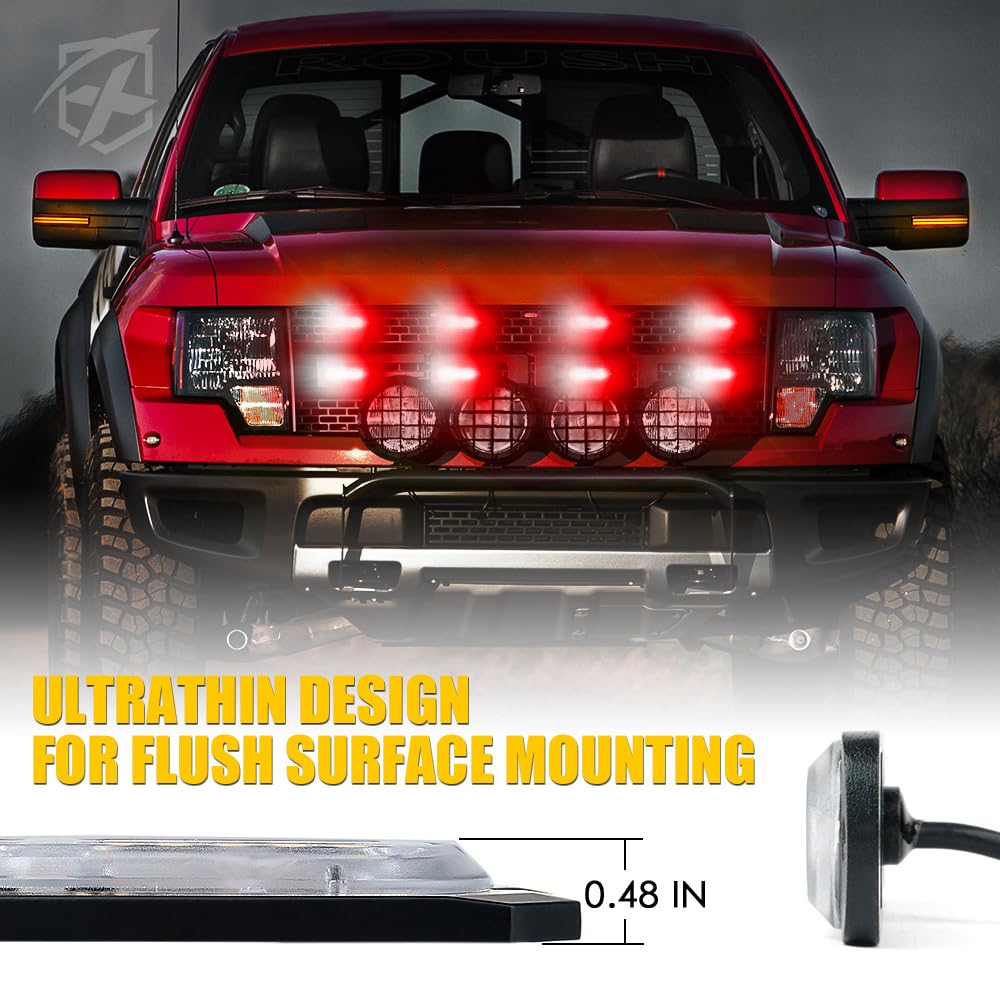 Xprite White Red Led Surface Mount Strobe Lights Kit, W/Control Panel Emergency Safety Warning Flashing Grille Cop Marker Light