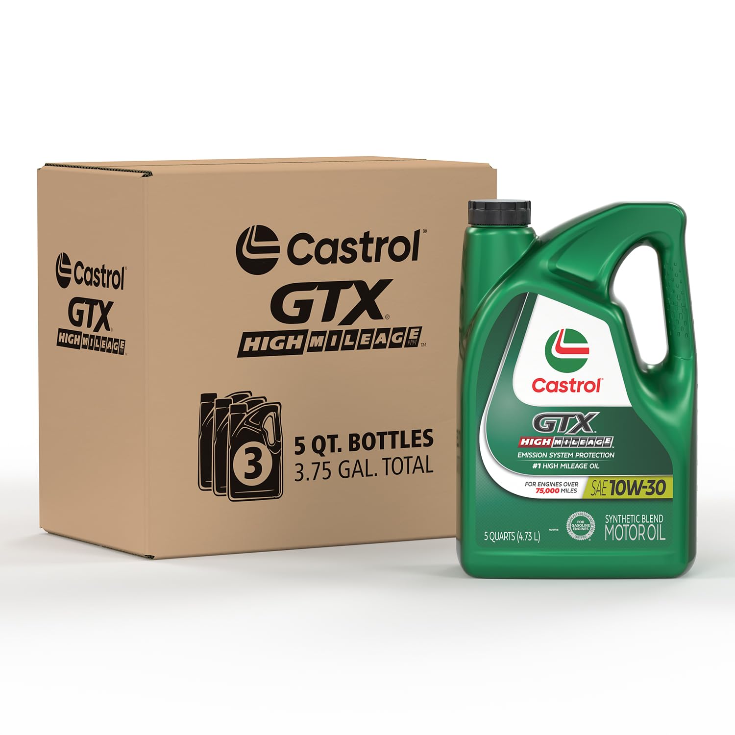 Castrol Gtx High Mileage 10W-30 Synthetic Blend Motor Oil, 5 Quarts, Pack Of 3
