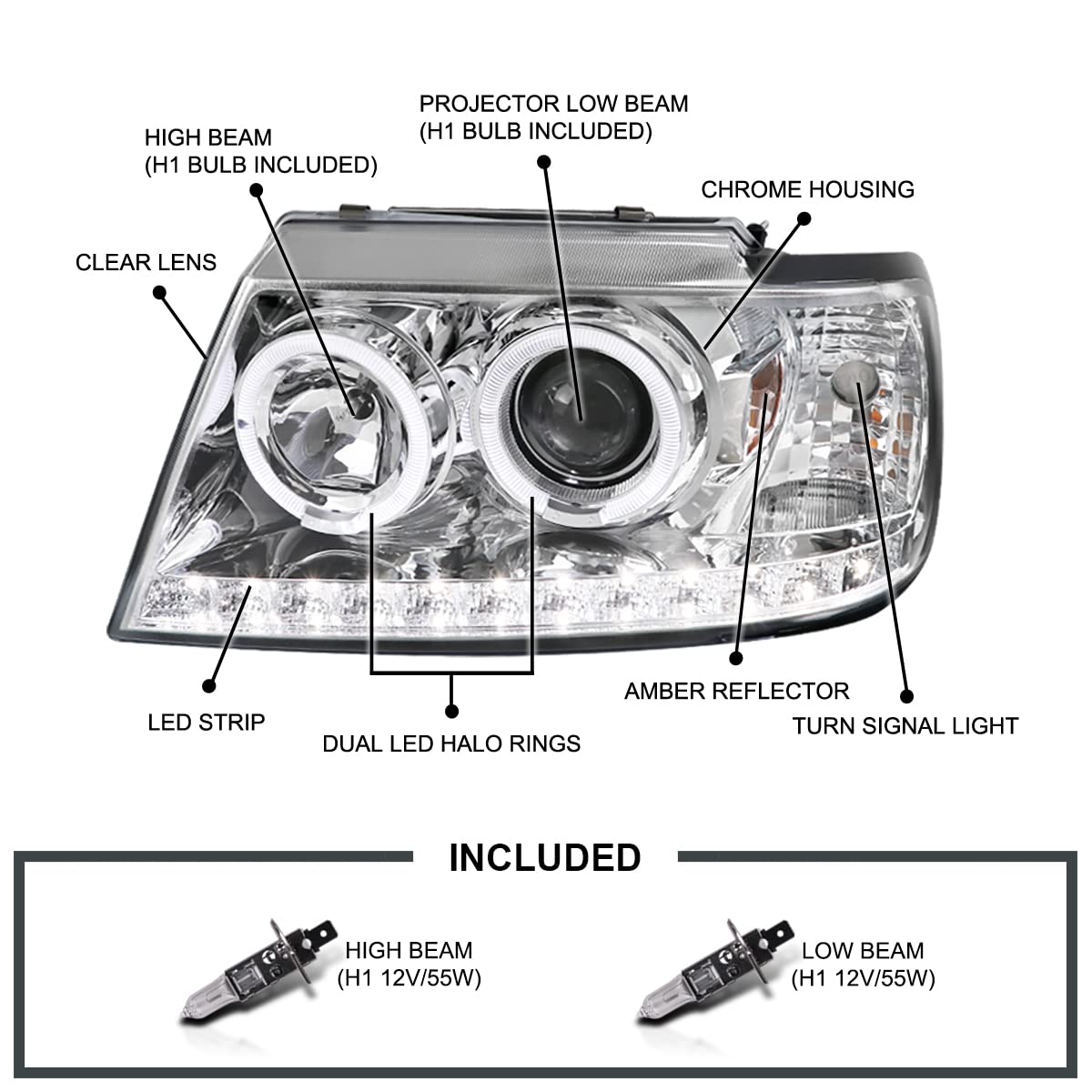 Spec-D Tuning Chrome Housing Clear Lens Halo Projector Headlights W/Led Compatible With 2002-2005 Ford Explorer, Left + Right Pa