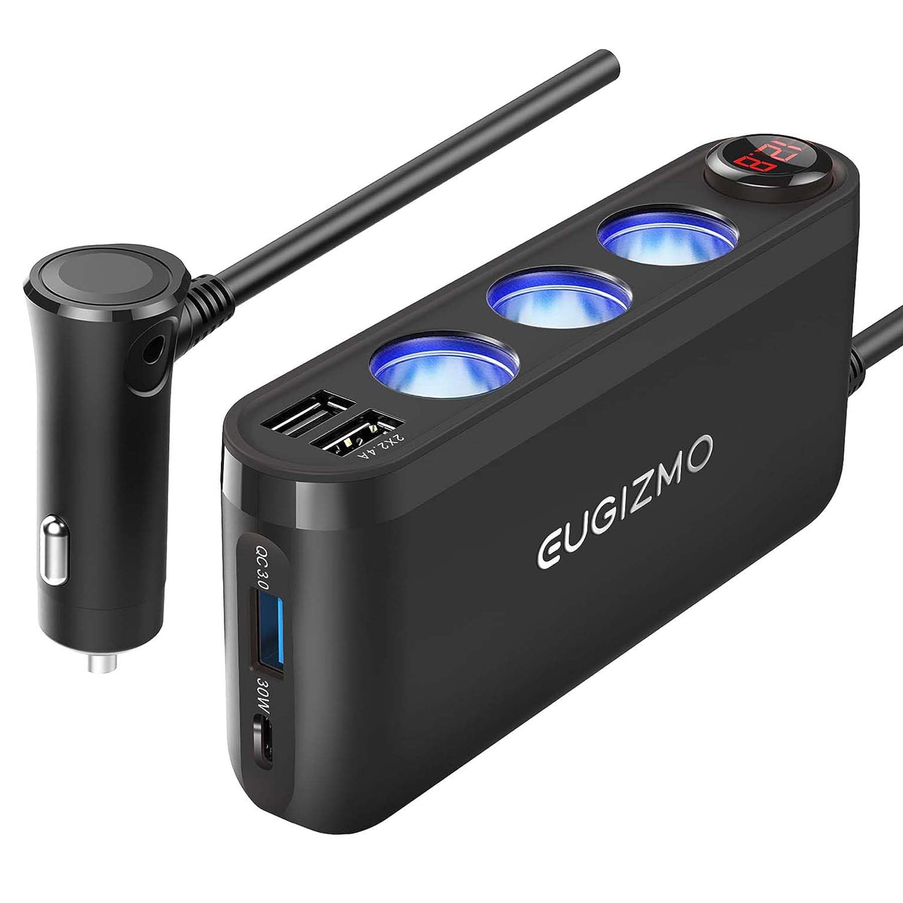 Eugizmo Usb Cigarette Lighter Adapter, 200W Car Cigarette Lighter Plug Splitter Adapter Usb Charger Extension Cord 3 Socket Way