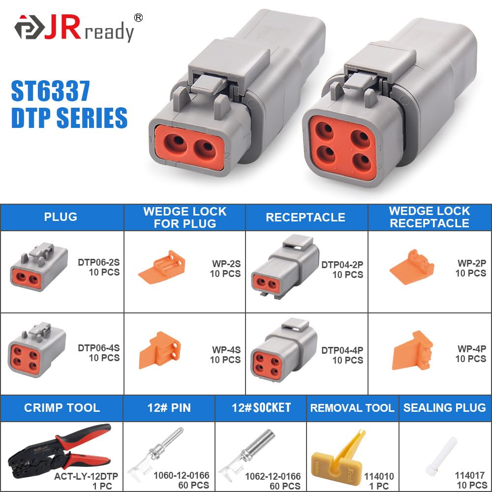 JRready ST6337 Deutsch DTP Connector Kit 2 4 Pin,12-14AWG Stamped Contacts size 12(25 A) with Deutsch Crimping Tool (ACT-LY-12DT
