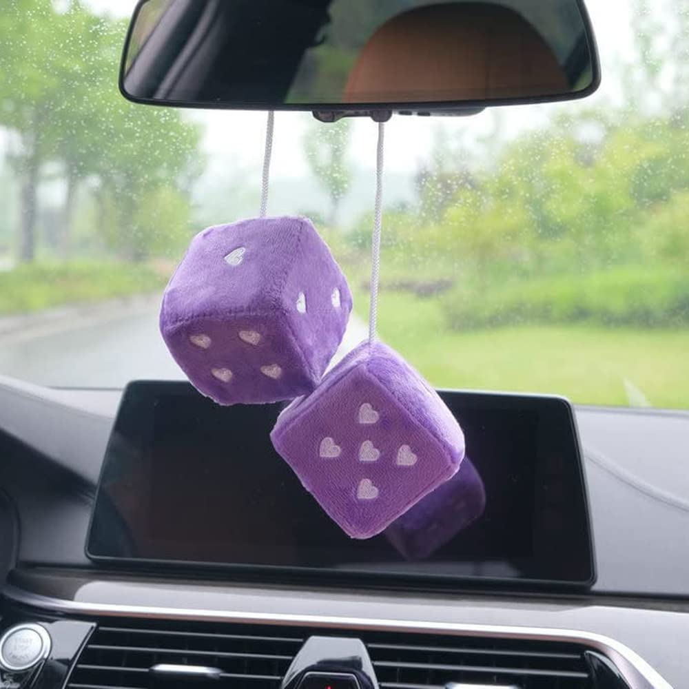 Pair 3    Purple Fuzzy Plush Dice Heart Shape Decor for Car Rearview Mirror, Retro Square Decoration Dice for Car Hanging Access