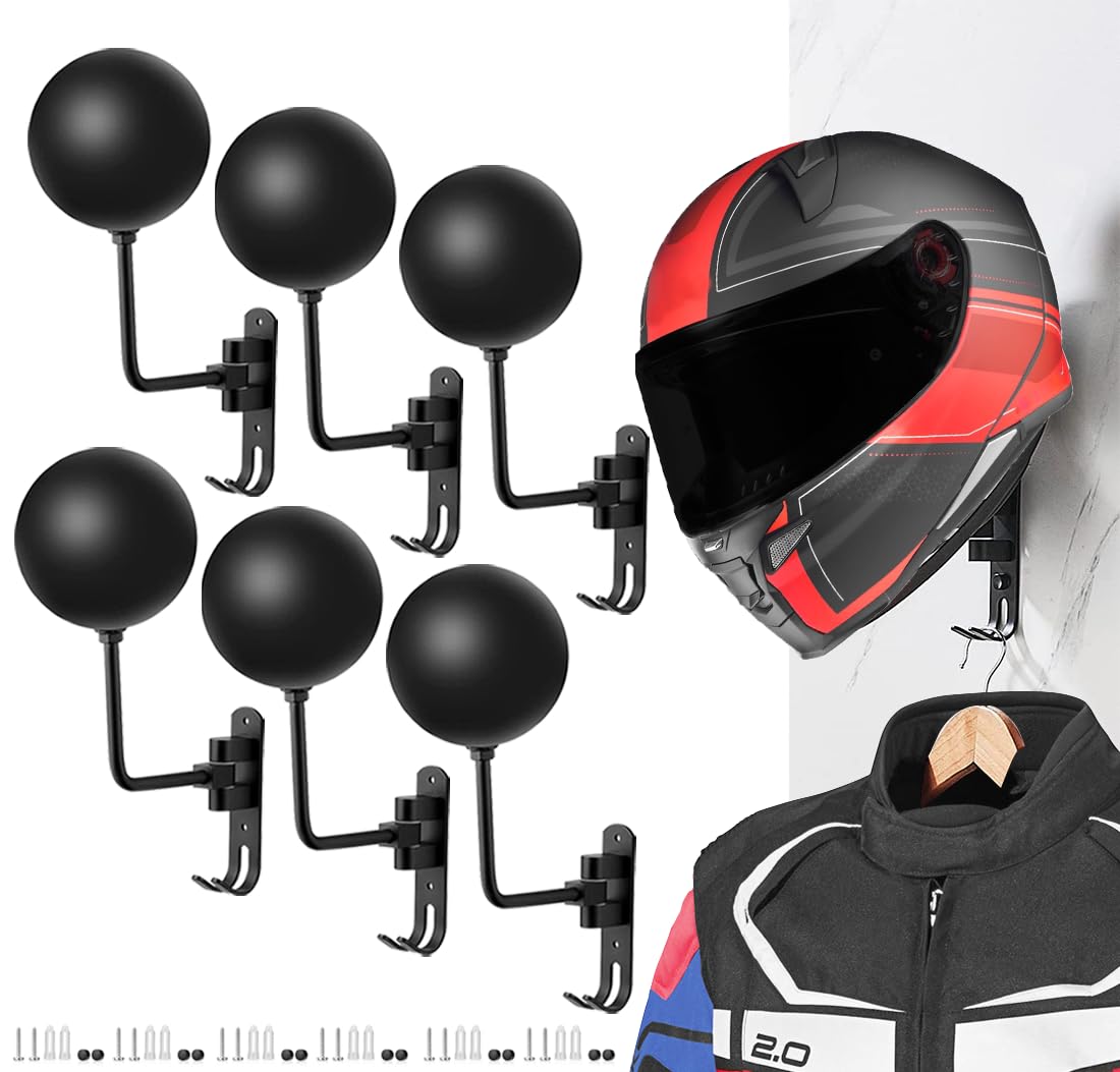 Sangmo 6 Pack 180 Motorcycle Helmet Holder Wall Mount, Rotation Metal Helmet Rack, Helmet Holder Bike With 2 Hooks Helmet Hanger