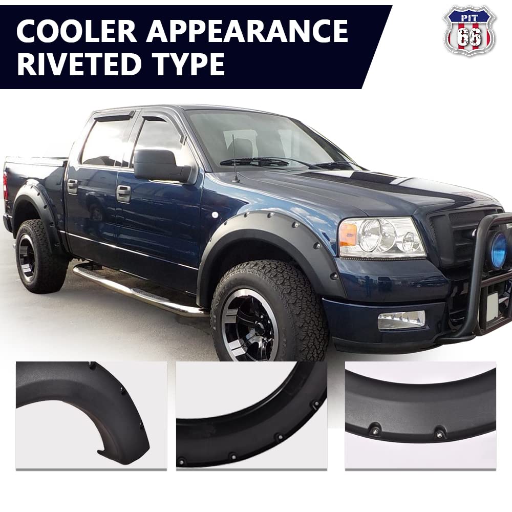 PIT66 Fender Flares,Compatible with 2004-2008 Ford F150(NOT For Heritage), Rugged Black Pocket Riveted Textured Style Wheel Flar
