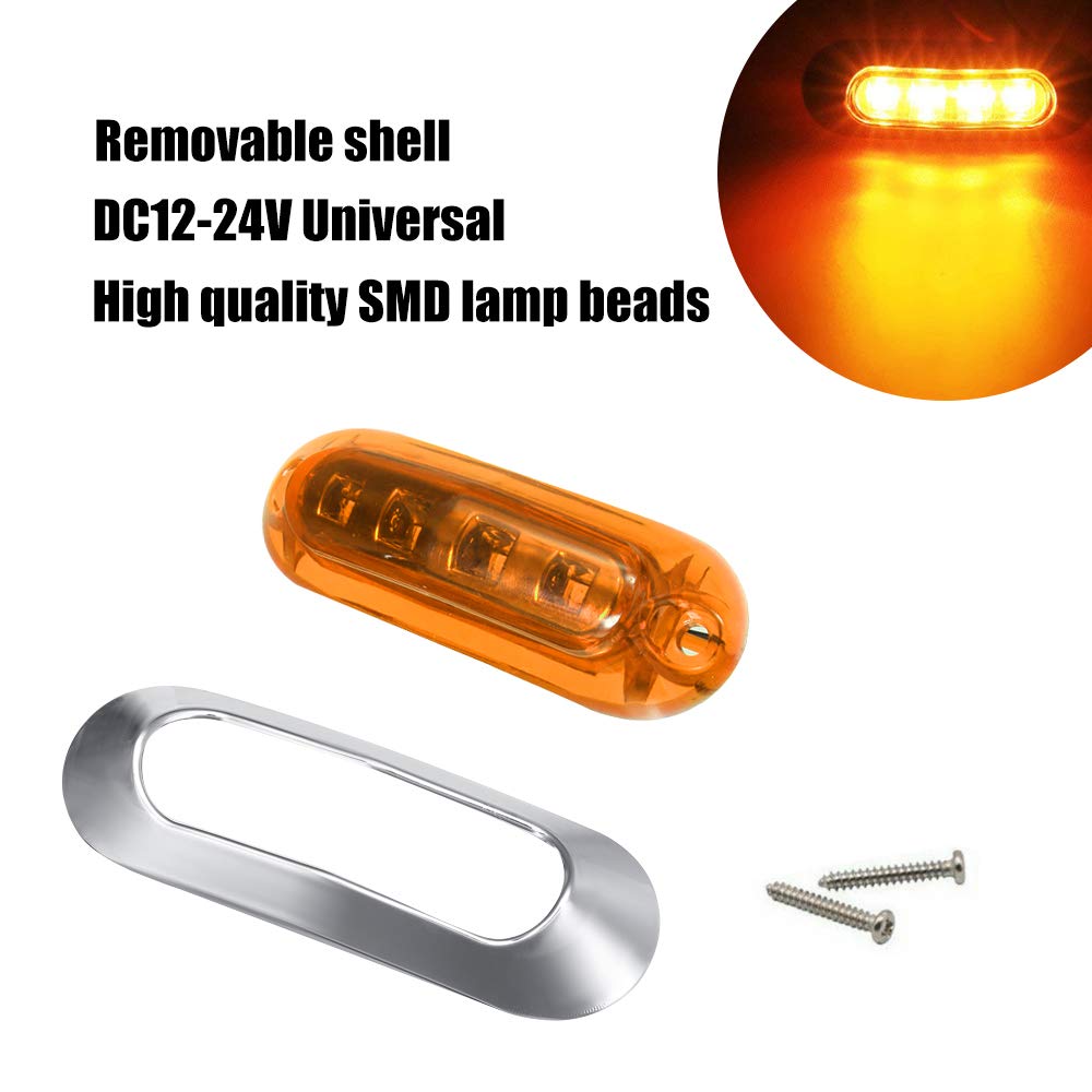ALFU 10PCS Amber 4 LED Side Marker Indicator Lights for Auto, Bus, Truck, & Trailer - Model 682s, Chrome Bezel, Universal Fit