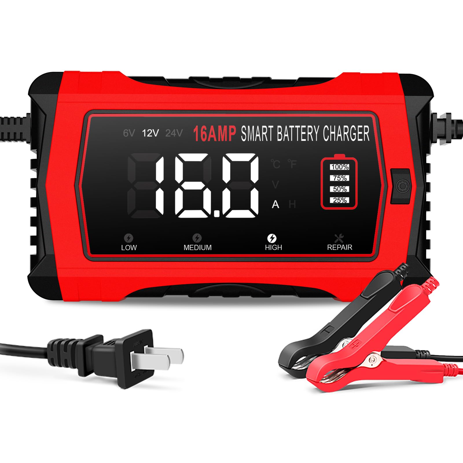 Haisito 16-Amp Smart Battery Charger (6V/12V/24V), Fully Automatic Trickle Charger Maintainer & Desulfator for Car Boat RV - Sup