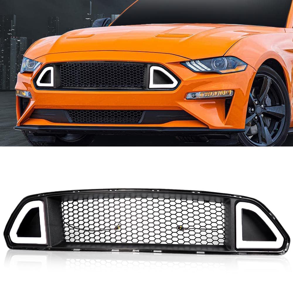 PIT66 Front Upper Hood Grille w/White DRL LED Light, Compatible with 2015 2016 2017 Ford Mustang