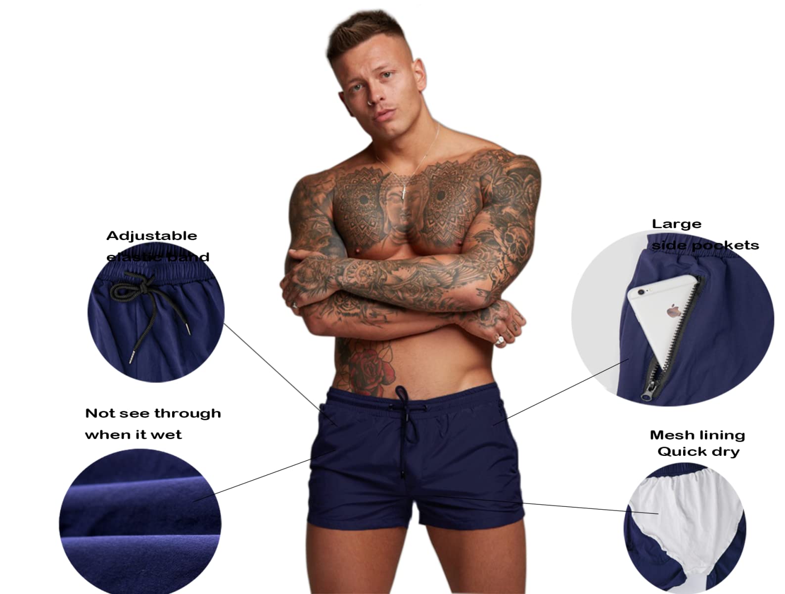 Mens Swim Trunks Quick Dry Swimwear Zipper Pockets, Swim Shorts With Mesh Lining Navy Blue