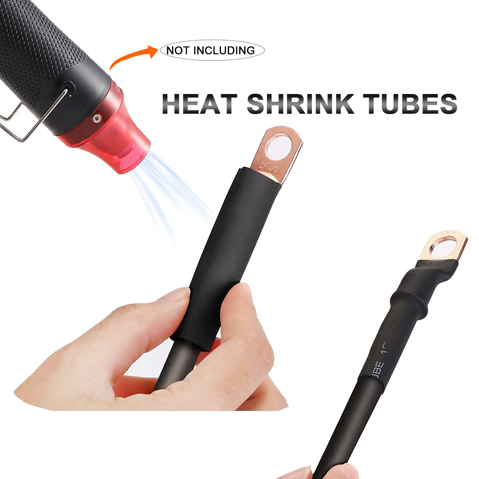 HGNVGZ Battery Terminal Connectors Kit - Heavy Duty Copper, 2 Gauge, Includes 4 Lugs, 4 Heatshrink, 2 Covers, Anti-Corrosion Washers