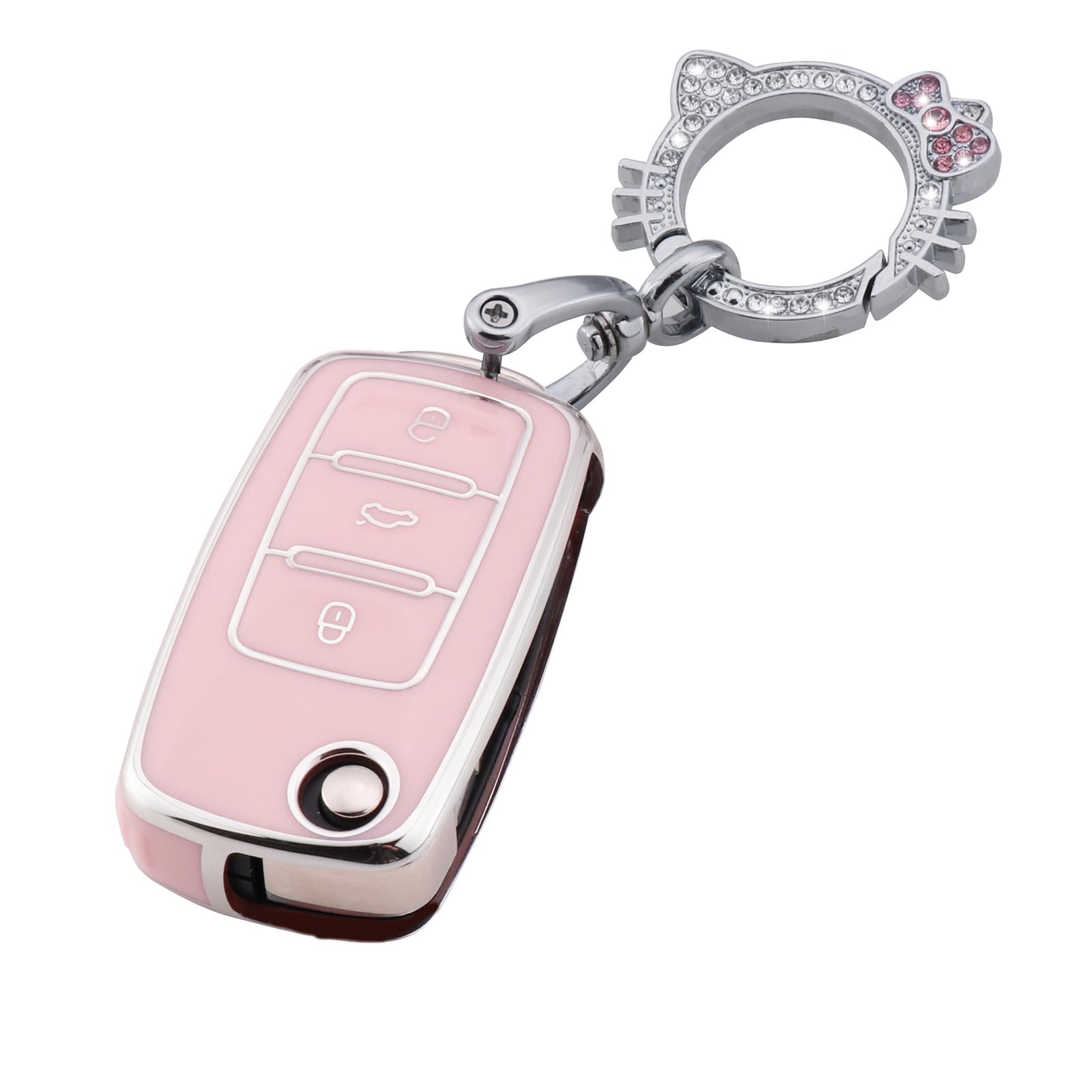 Pangpai Pink Key Fob Cover for VW Volkswagen,Soft TPU Key Case Protection with Bling Keychain Fit for Jetta Golf Polo MK6 Passat