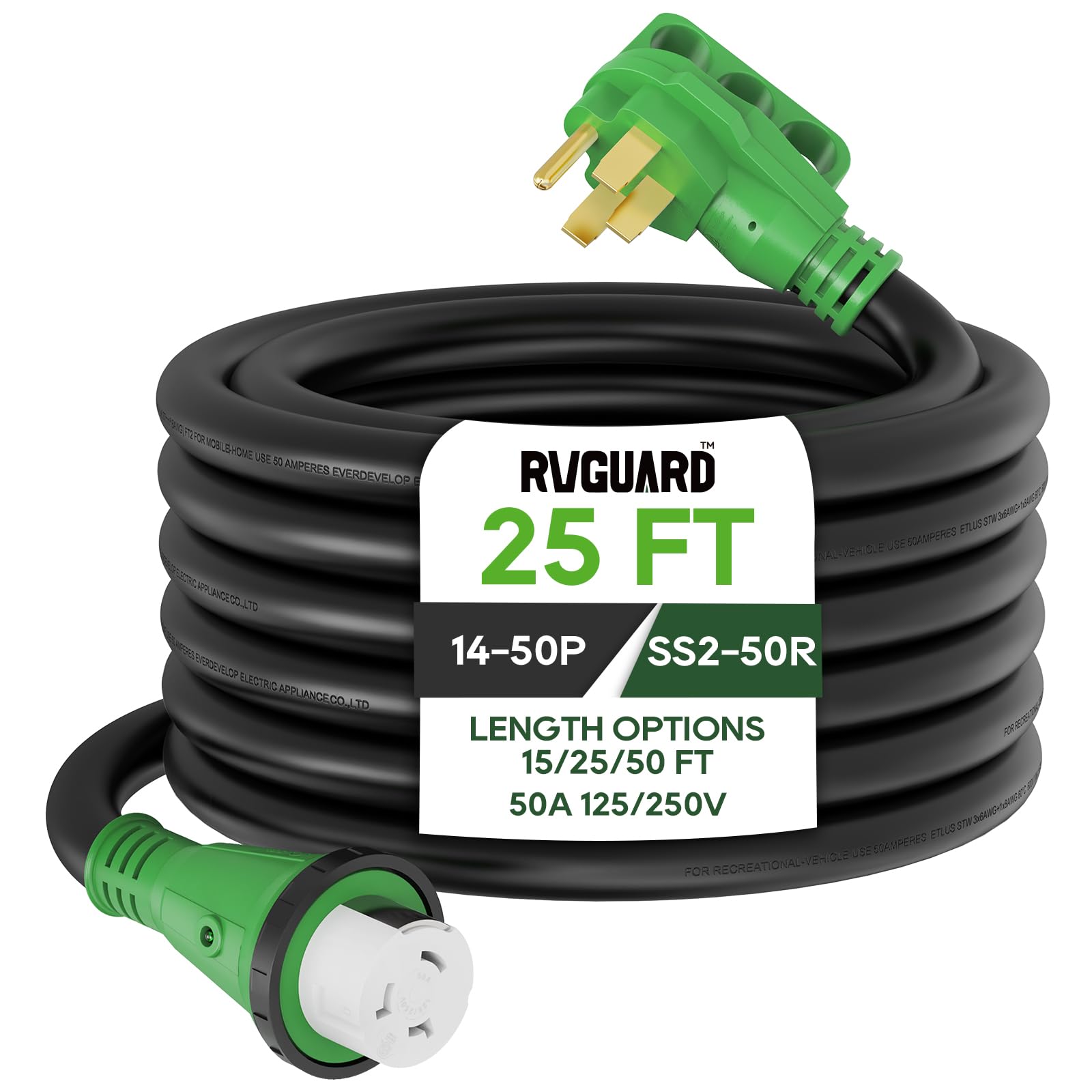 Rvguard 50 Amp 25 Foot Rv Power Cord, 14-50P To Ss2-50R Generator Extension Cord, Heavy Duty Stw Cord With Led Power Indicator A