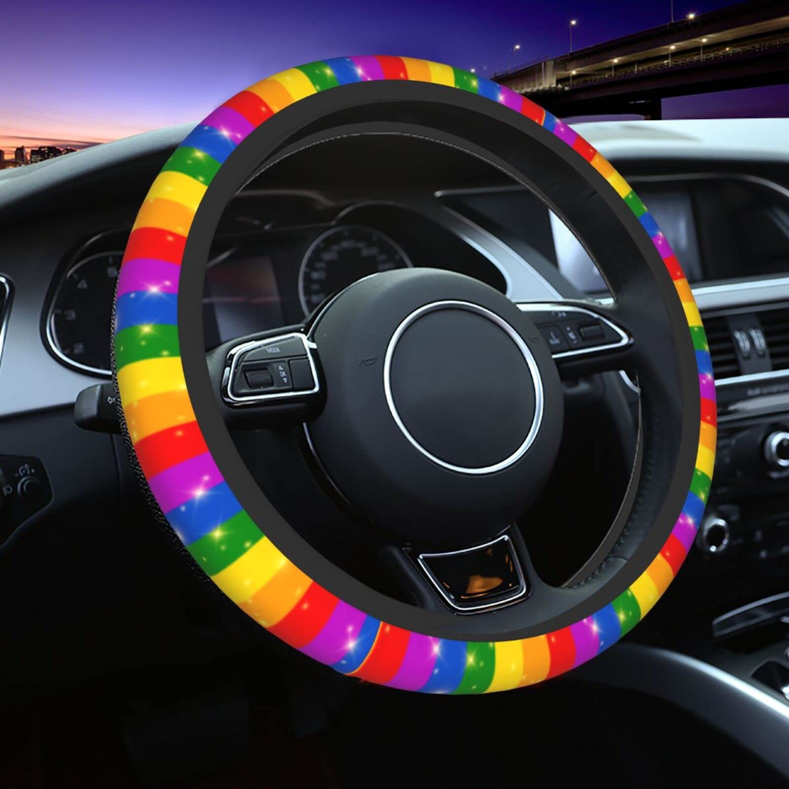 Rainbow Gay Progress Pride Flag Steering Wheel Covers Non Slip Neoprene Steering Wheel Protector Covers Universal 15 Inch For Me
