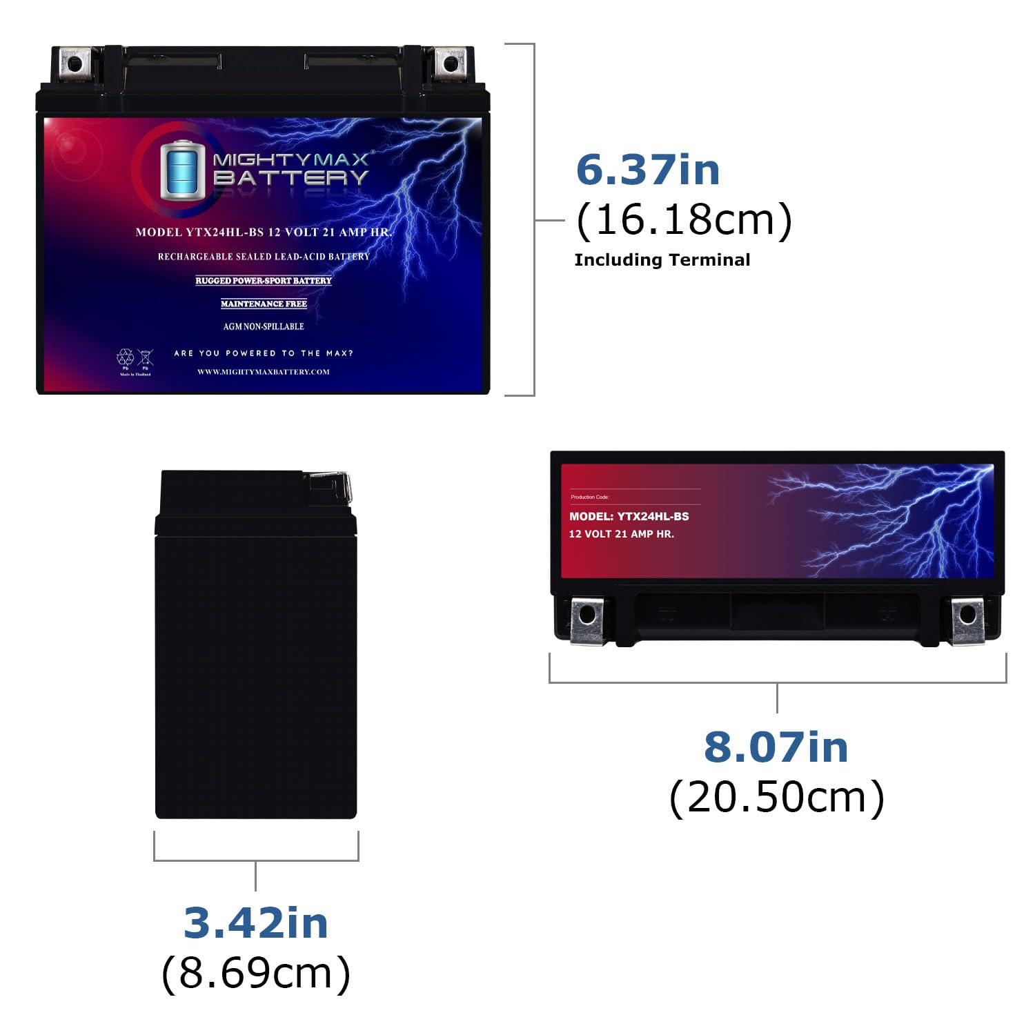 Mighty Max Battery Ytx24Hl-Bs -12 Volt 21 Ah, 350 Cca, Rechargeable Maintenance Free Sla Agm Motorcycle Battery
