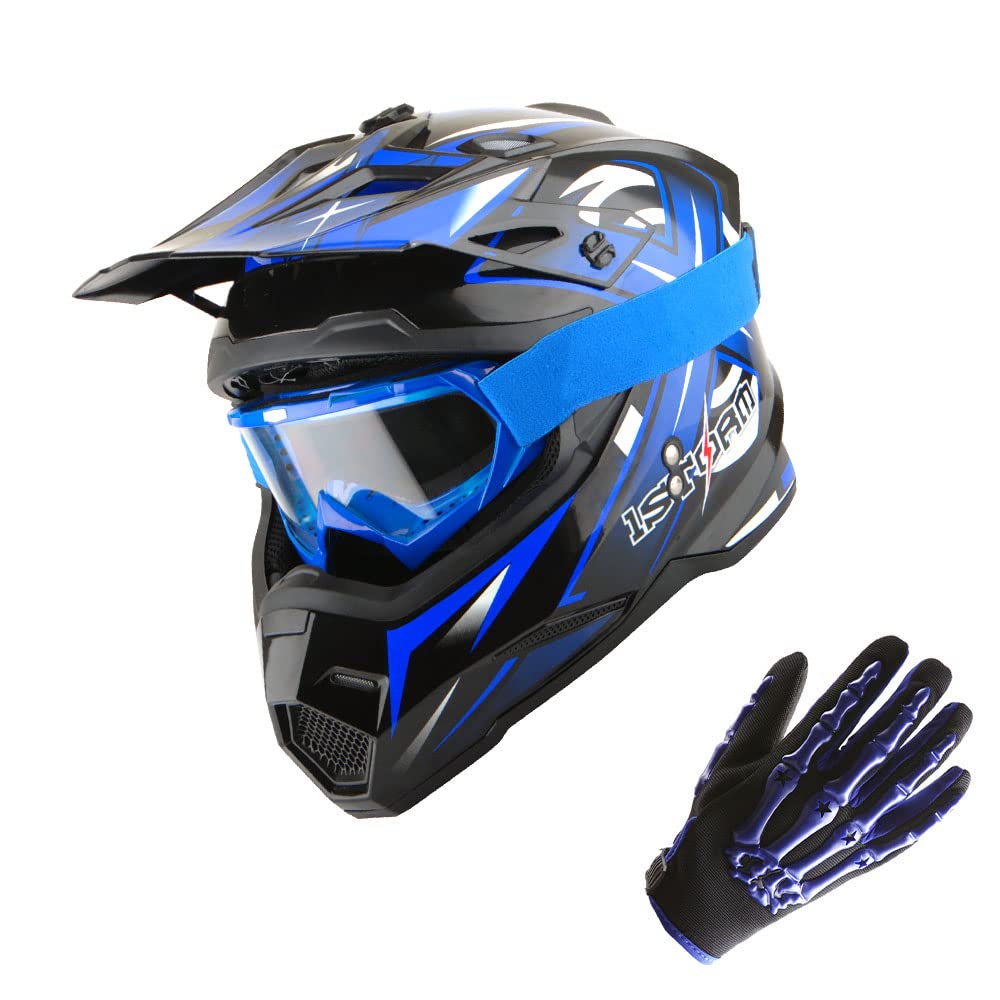 1Storm Motocross Adult Helmet Bmx Mx Atv Dirt Bike Helmet Racing Blue + Goggles + Skeleton Blue Glove Bundle
