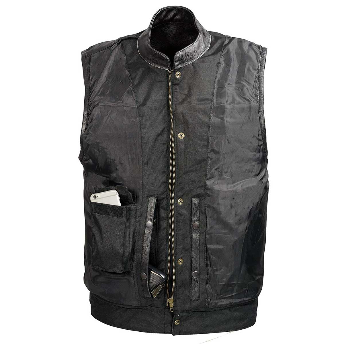 Soa Mens Leather Club Style Vest W/Gun Pockets, Leather Biker Vest (Black, M)