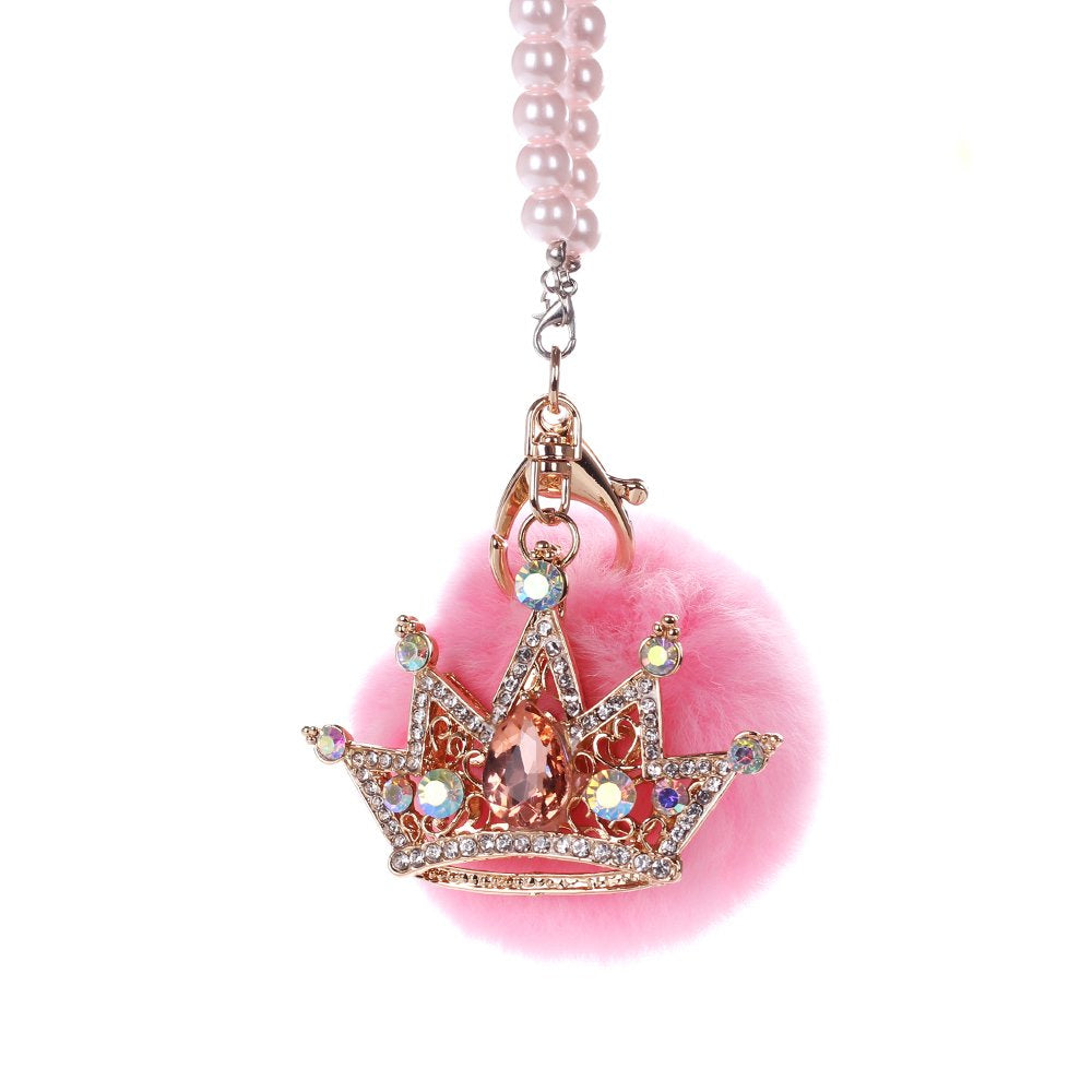 Car Mirror Hanging Accessories, Mini-Factory Rearview Mirror Hanging Bling Decoration Fluffy Luxury Diamond Crown with Pearl Cha