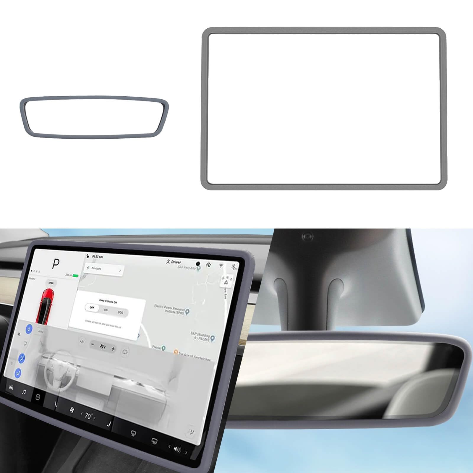 Yeapop 2Pcs Silicone Protector Frames of Screen and Rear View Mirror for Tesla Model 3 2017-2023 and Model Y 2019-Feb.2025. (Gra