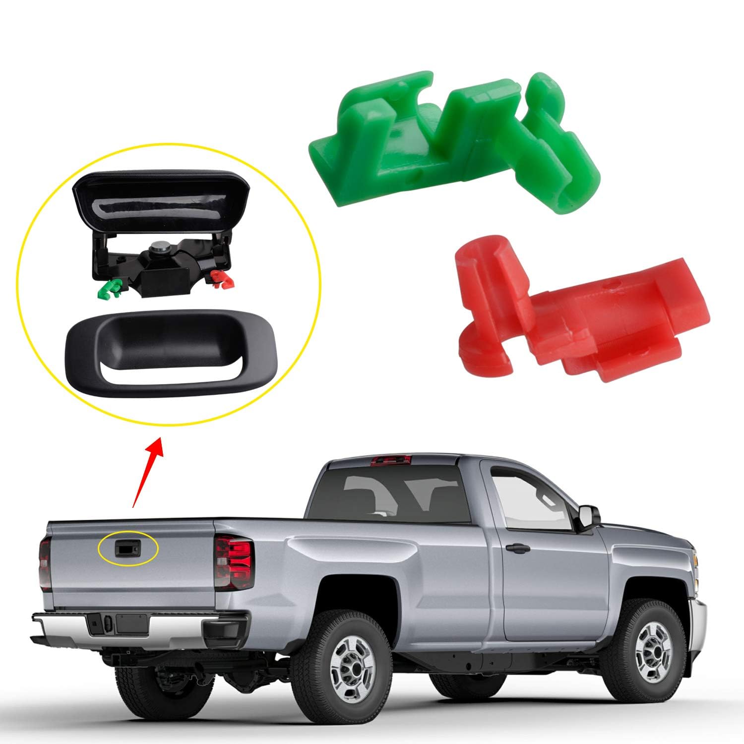 HERCOO Tailgate Handle Rod Clip Assembly for 1999-2007 Chevy Silverado GMC Sierra - Durable Door Lock Retainer in Green/Red, One Size