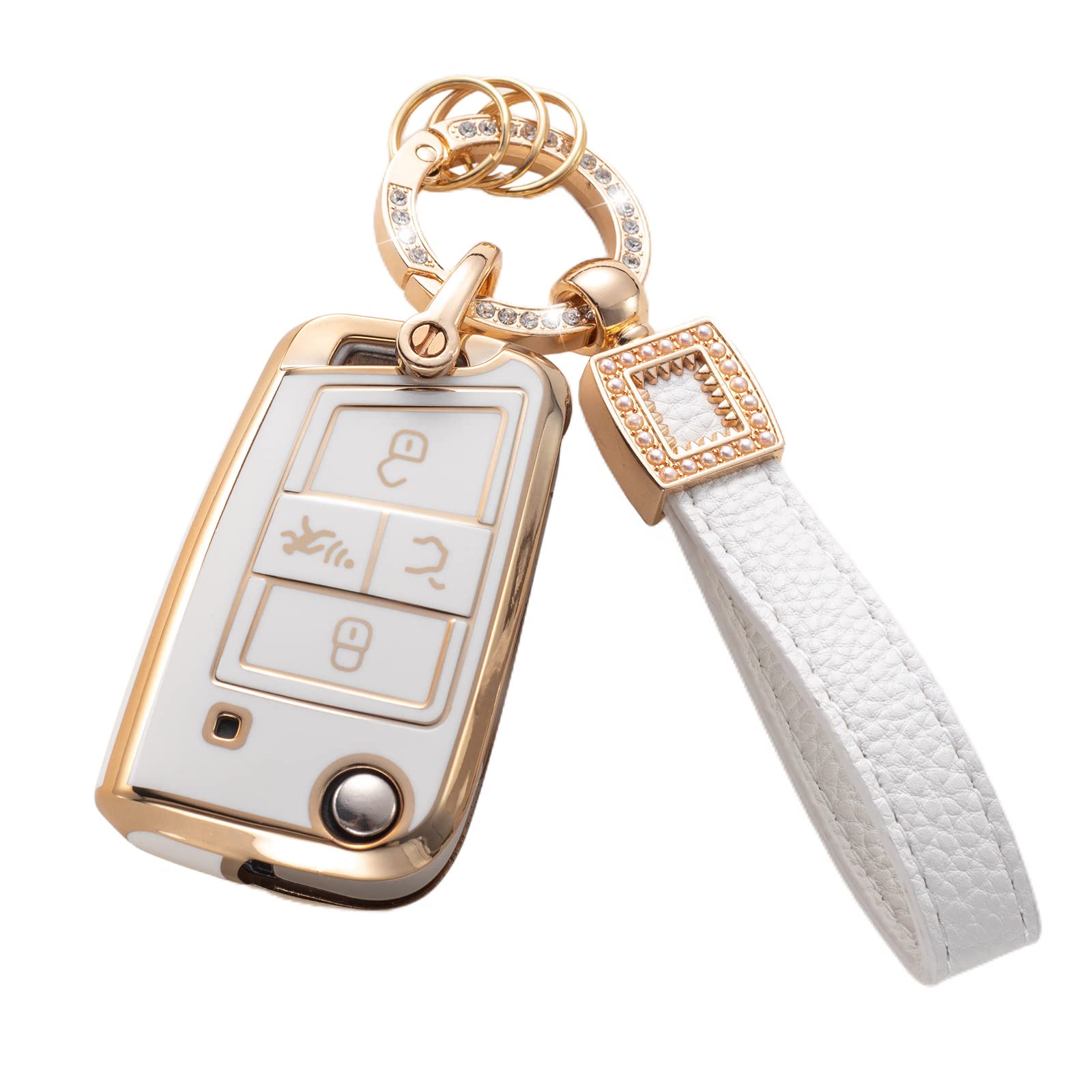 Cacarlike For Vw Volkswagen Key Fob Cover With Leather Lanyard, Car Key Fob Case Compatible With Vw Tiguan Golf Jetta Polo Atlas