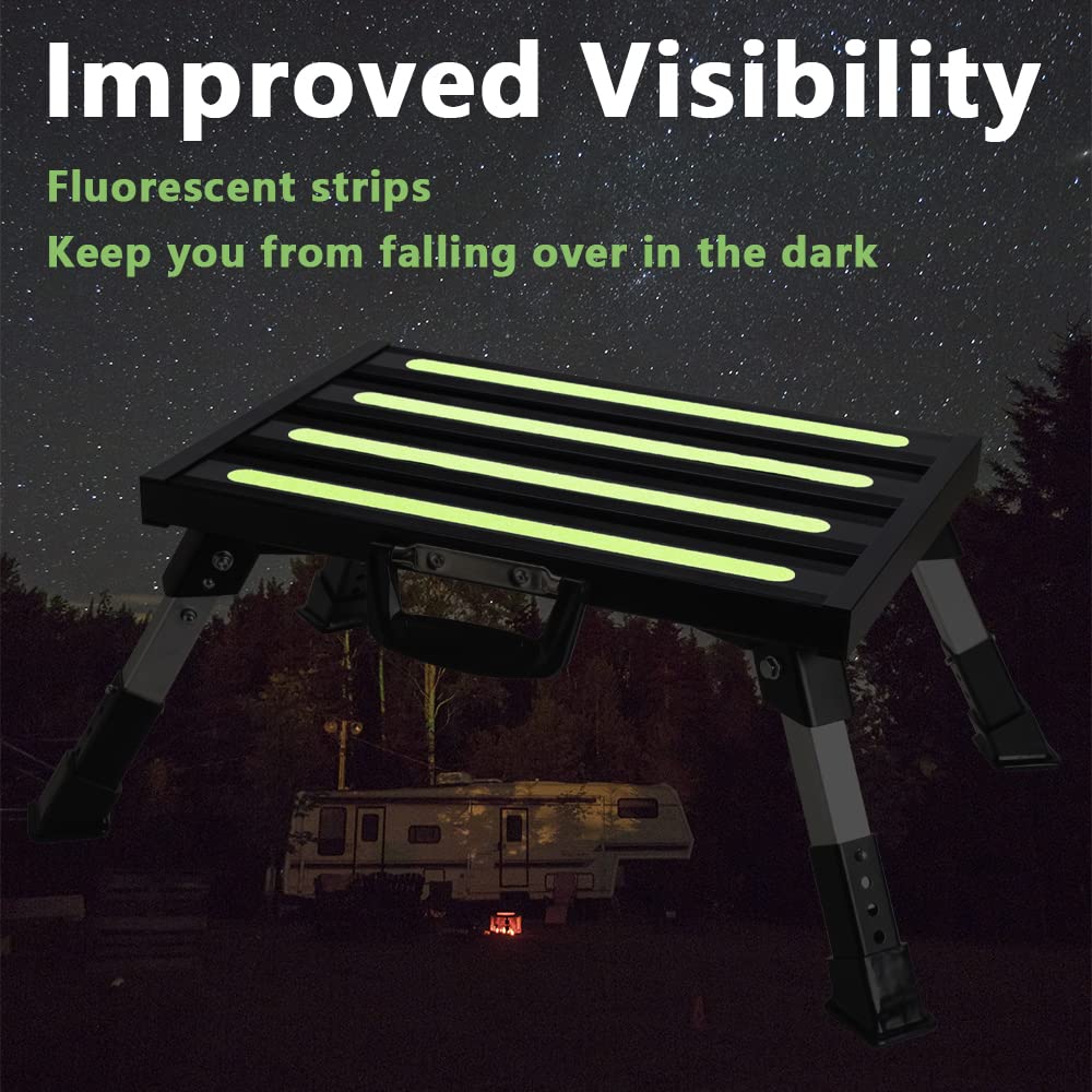 Garfatolrv Rv Steps, 4-Level Adjustable Height Folding Camper Steps Non-Slip Fluorescent Strip Aluminum Platform Rv Accessories,