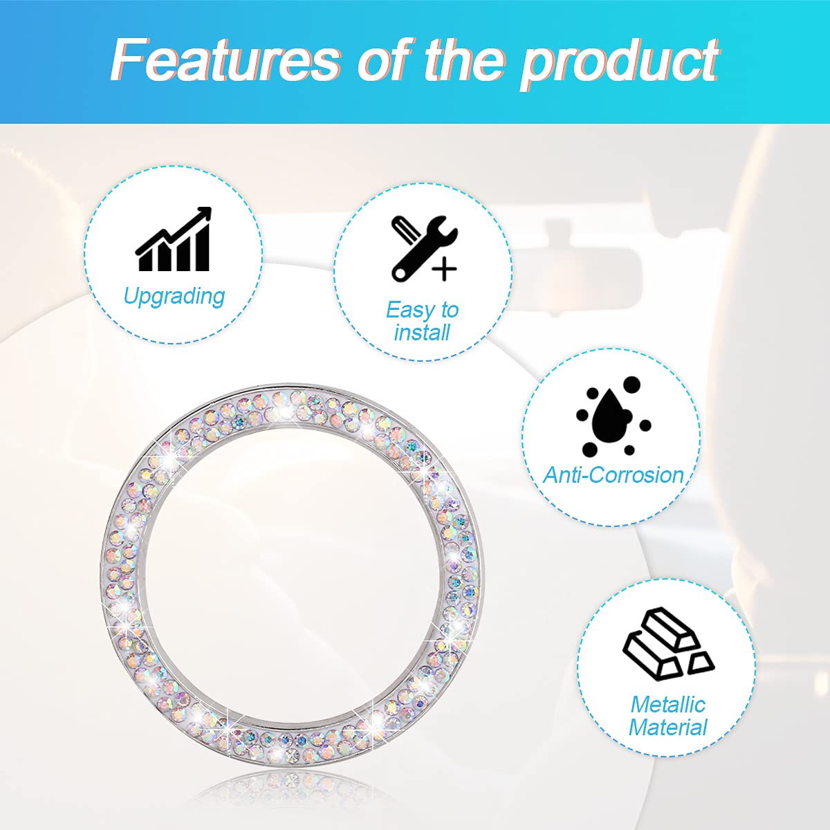 Car Bling Crystal Rhinestone Engine Start Ring Decals, 2 Pack Car Push Start Button Cover/Sticker, Key Ignition Knob Bling Ring,