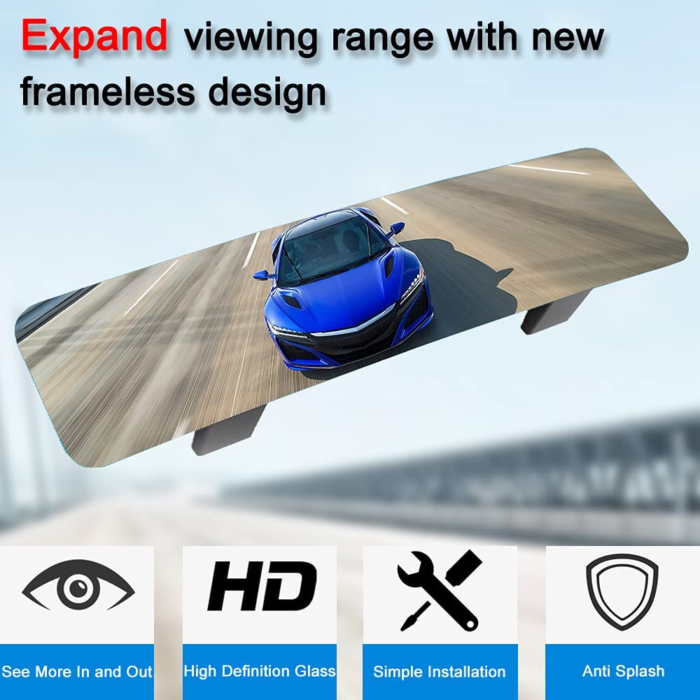 Skycrophd Rear View Mirror Frameless Car Interior Rearview Mirror Panoramic Wide Angle To Eliminate Blind Spots - Convex,11.8''(