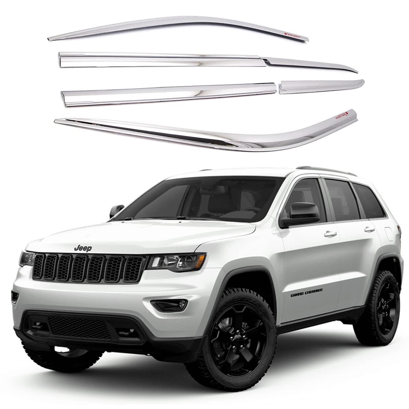 Autoclover Tape-On Rain Guards Window Visors 6 Pcs Set For Jeep Grand Cherokee 2014 2015 2016 2017 2018 2019 2020 2021 / Window Deflectors  Out-Channel Vent Shades (Chrome) -Like New
