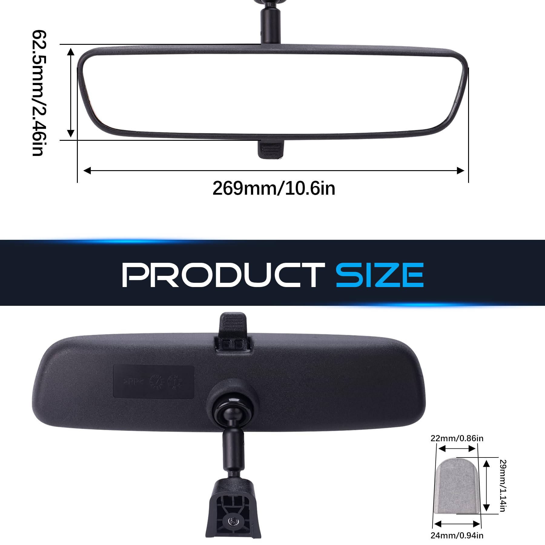 MRELC 10.6    Rear View Mirror, Compatible with Wrangler Toyota Corolla Camry Tacoma Ford F150 Focus Kia Optima Soul Sorento Nis
