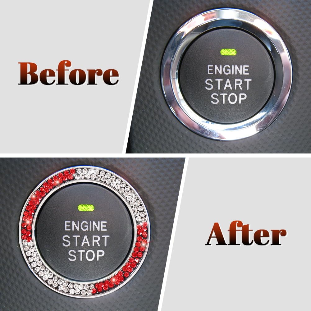 Tobequeen White And Red Bling Push To Start Button Ring Emblem Sticker, Crystal Diamond Rhinestone Start Buttone Cover Car Decor