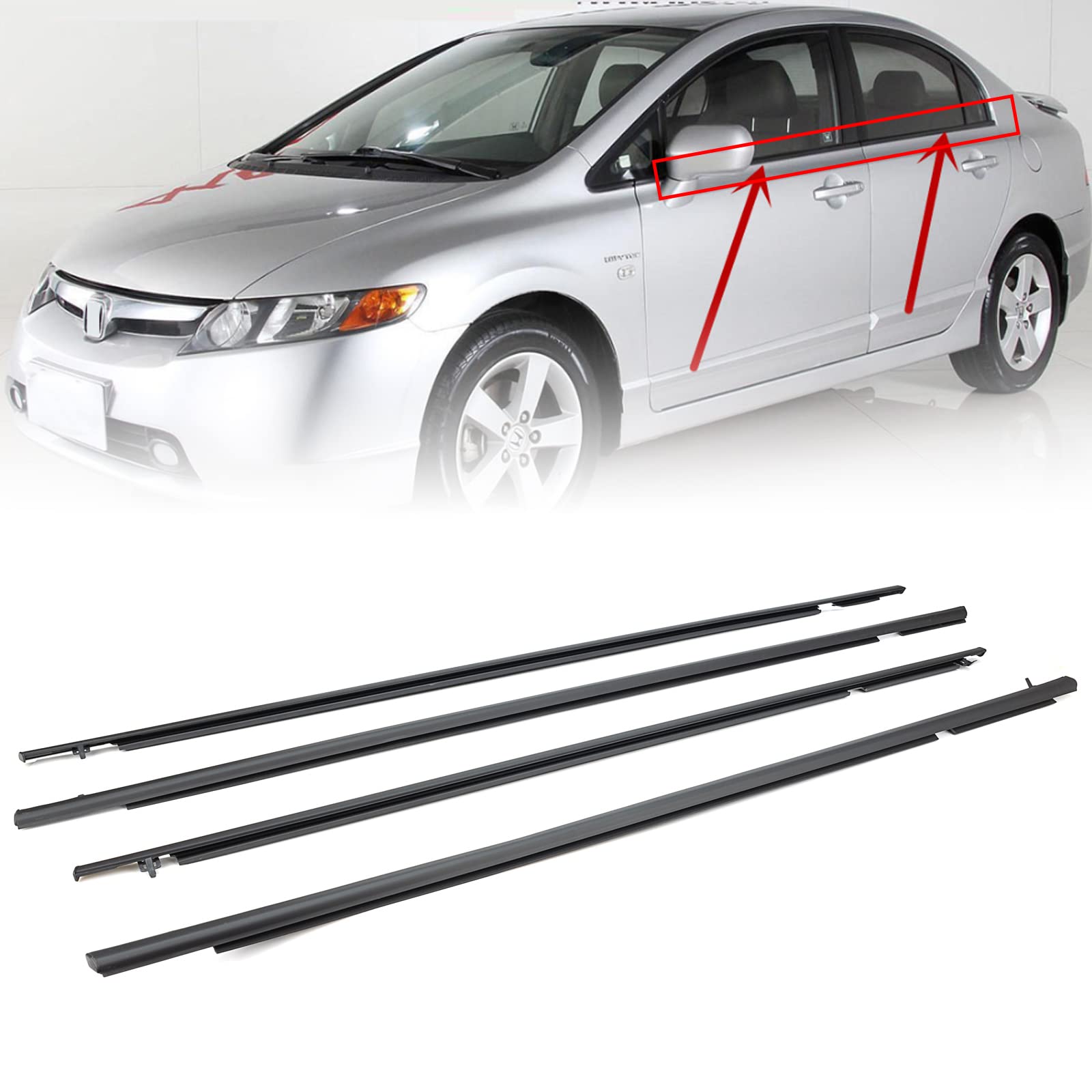 Geataat 4Pcs Weatherstrip Window Moulding Trim Seal Belt Compatible With 2006-2011 Honda Civic Replace# 72460-Sna-A01 72410-Sna-