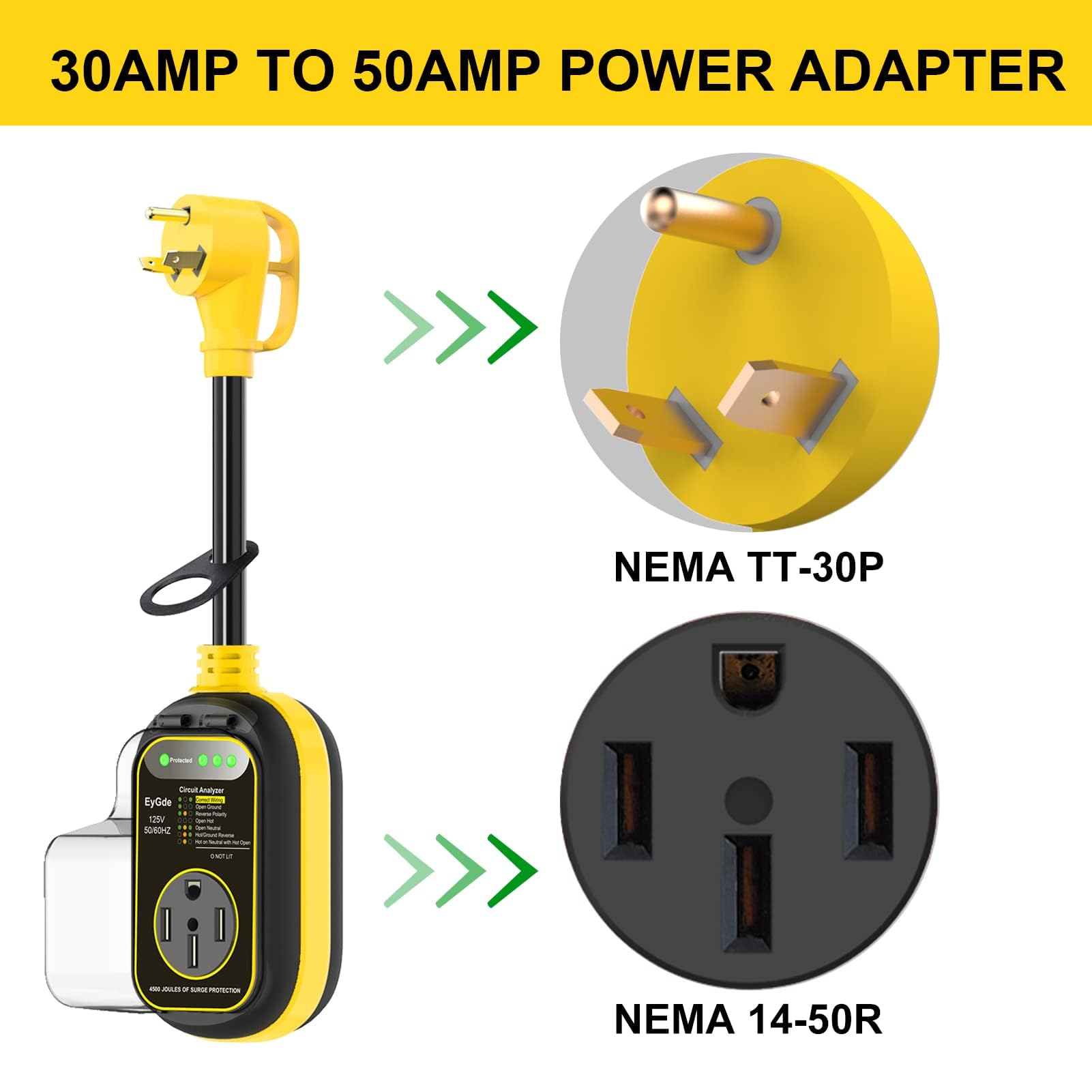 Eygde 30 Amp To 50 Amp Rv Adapter With Surge Protector, Waterproof 4500J Rv Circuit Analyzer Voltage Protector For Camper Travel