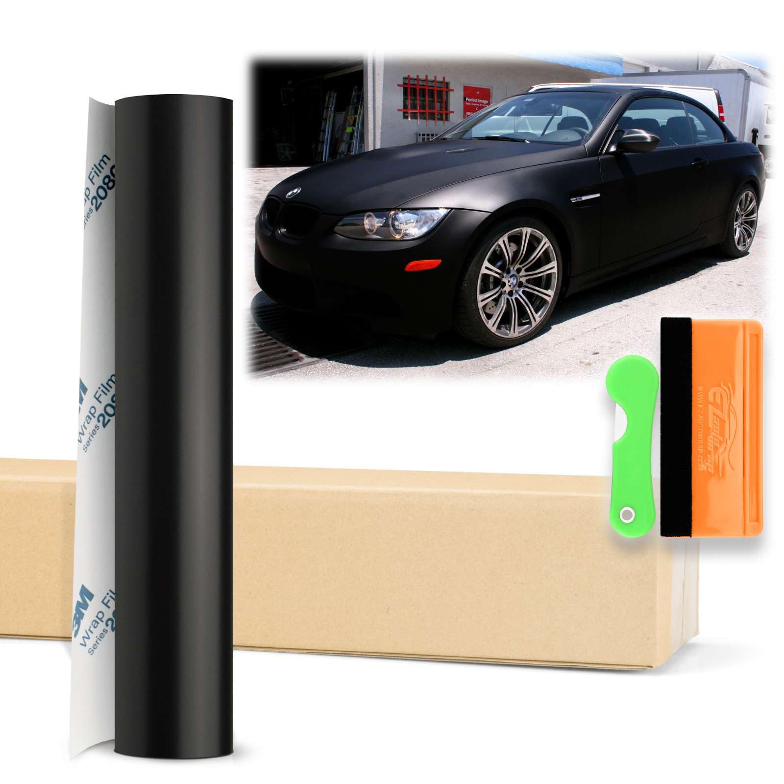 12'X60' (1Ftx5Ft) Satin Black Genuine 3M 2080 Car Auto Vinyl Vehicle Wrap Sticker Film Sheet Decal Air Release Technology With Tool Kit (Include Squeegee And Knife)