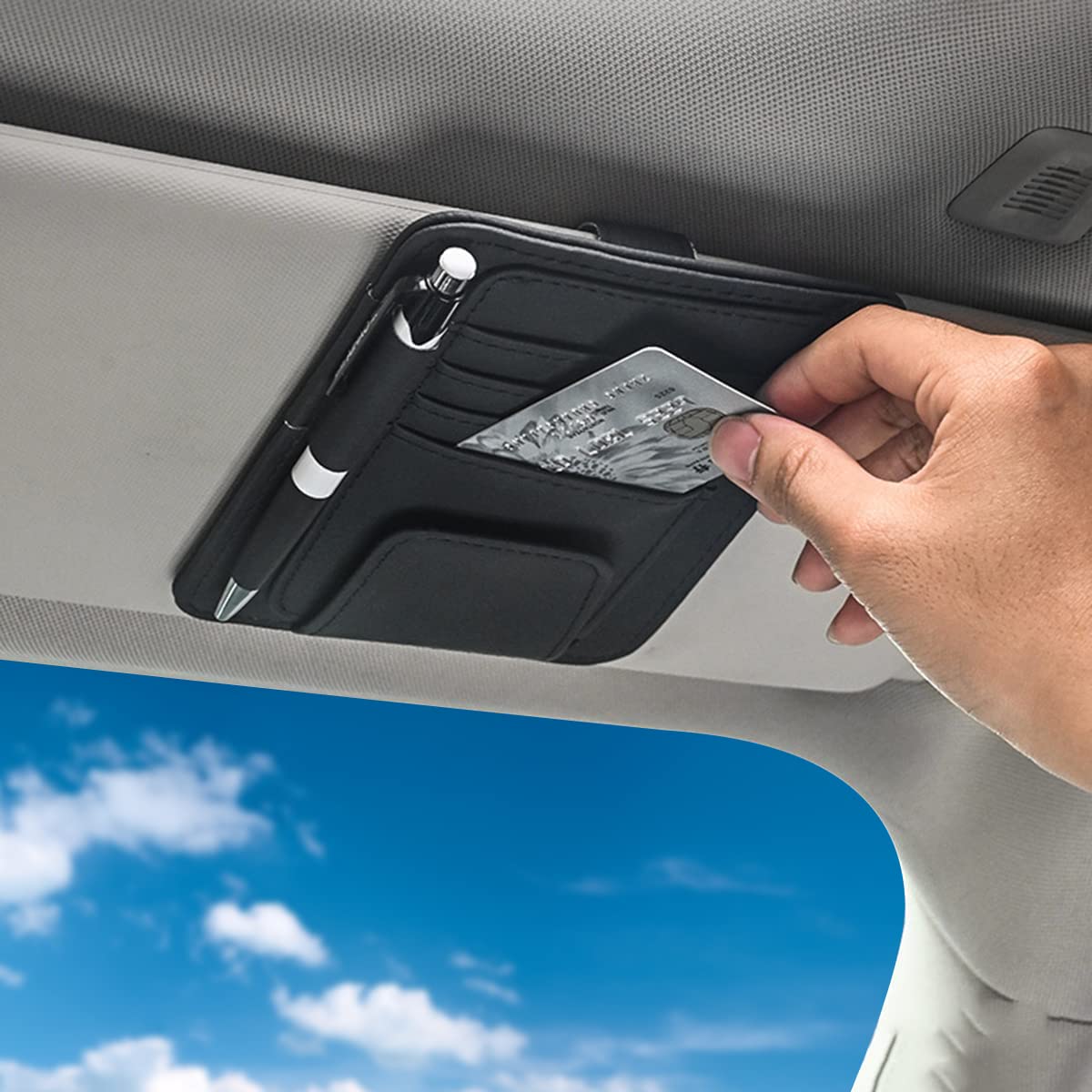 Small Leather Sun Visor Organizer for Car and Truck - Sunglass Holder, Card Sleeve Pocket, Document Holder for Registration, Dri