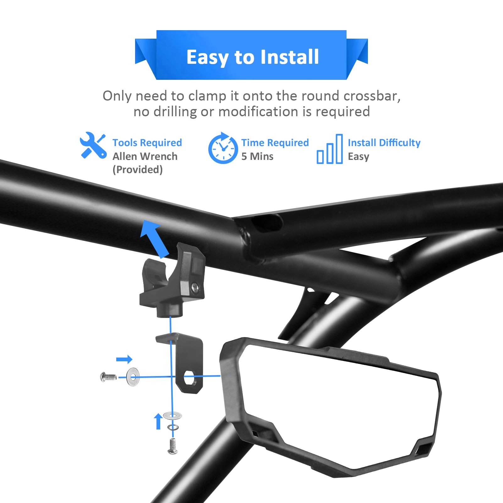Wsays Utv Center Rear View Mirror Adjustable Angle Fits 1.5-2' Round Roll Bar Rear Center Convex Mirror Compatible With Rzr Maverick Talon Pionner Krx Mule Yxz Wolverine Zforce