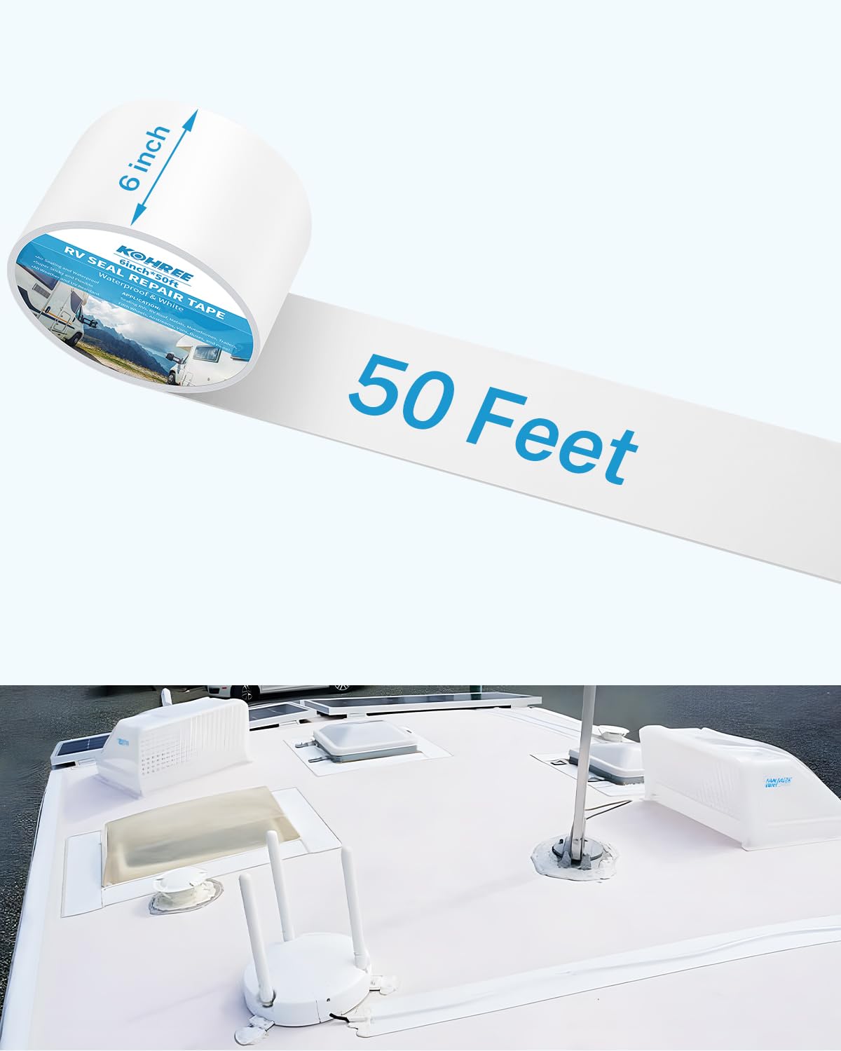 Kohree Rv Sealant Tape, 6 Inch X 50 Foot Rv Roof Tape White, Uv Resistant, Weatherproof Repair Sealant Tape For Rv, Boat Sealing