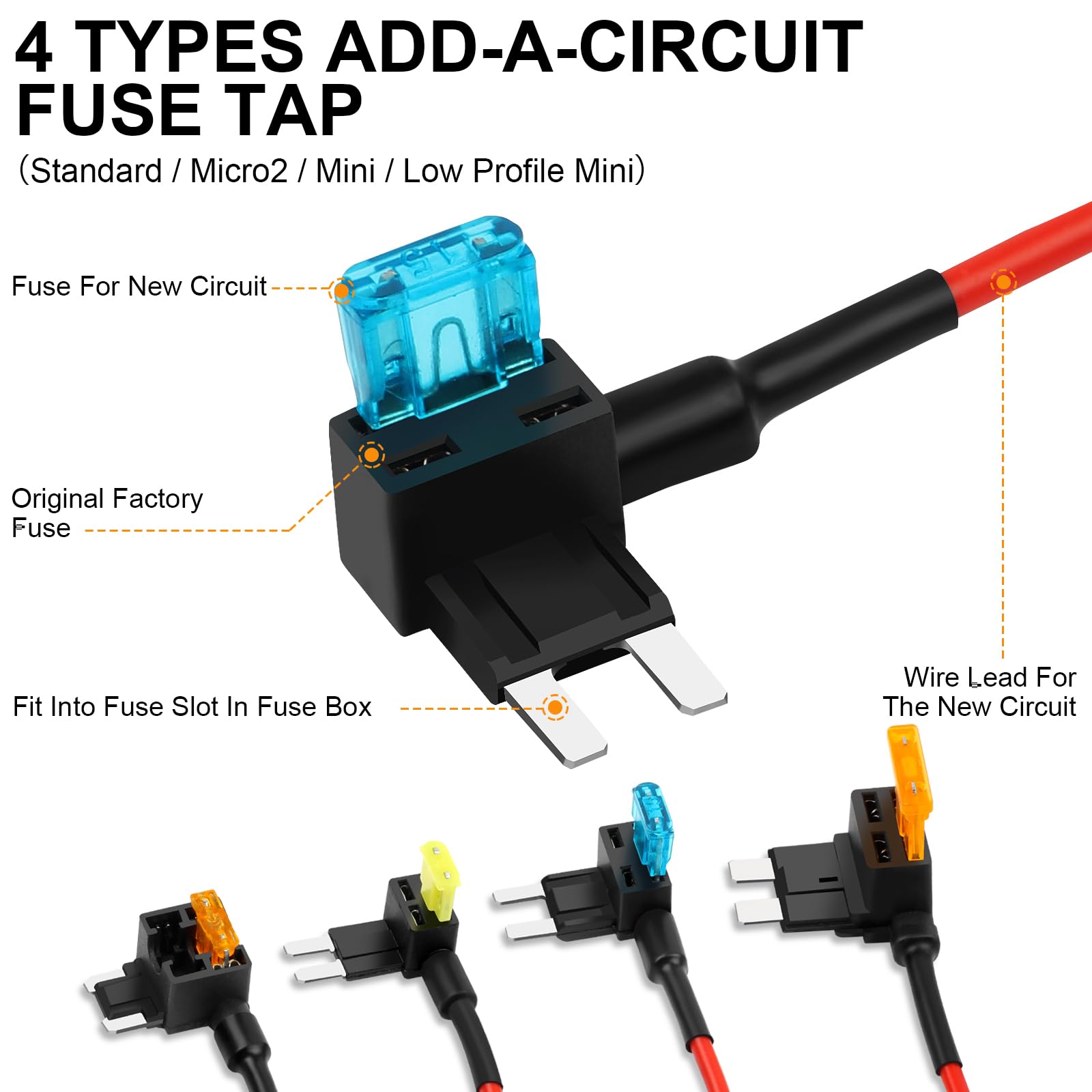 Cooclensportey 16 Pack 4 Types Fuse Tap, Upgraded 12V Car Add a Circuit Fuse Tap Kit - Standard Mini Micro2 and Low Profile Mini
