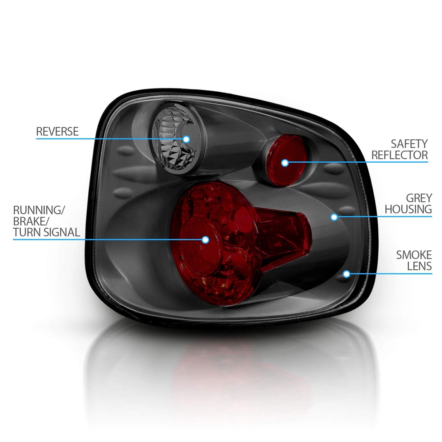 Amerilite For 2001-2003 Ford F-150 Flareside Euro Gun Metal Replacement Tail Lights Brake Lamp Pair - Passenger And Driver Side