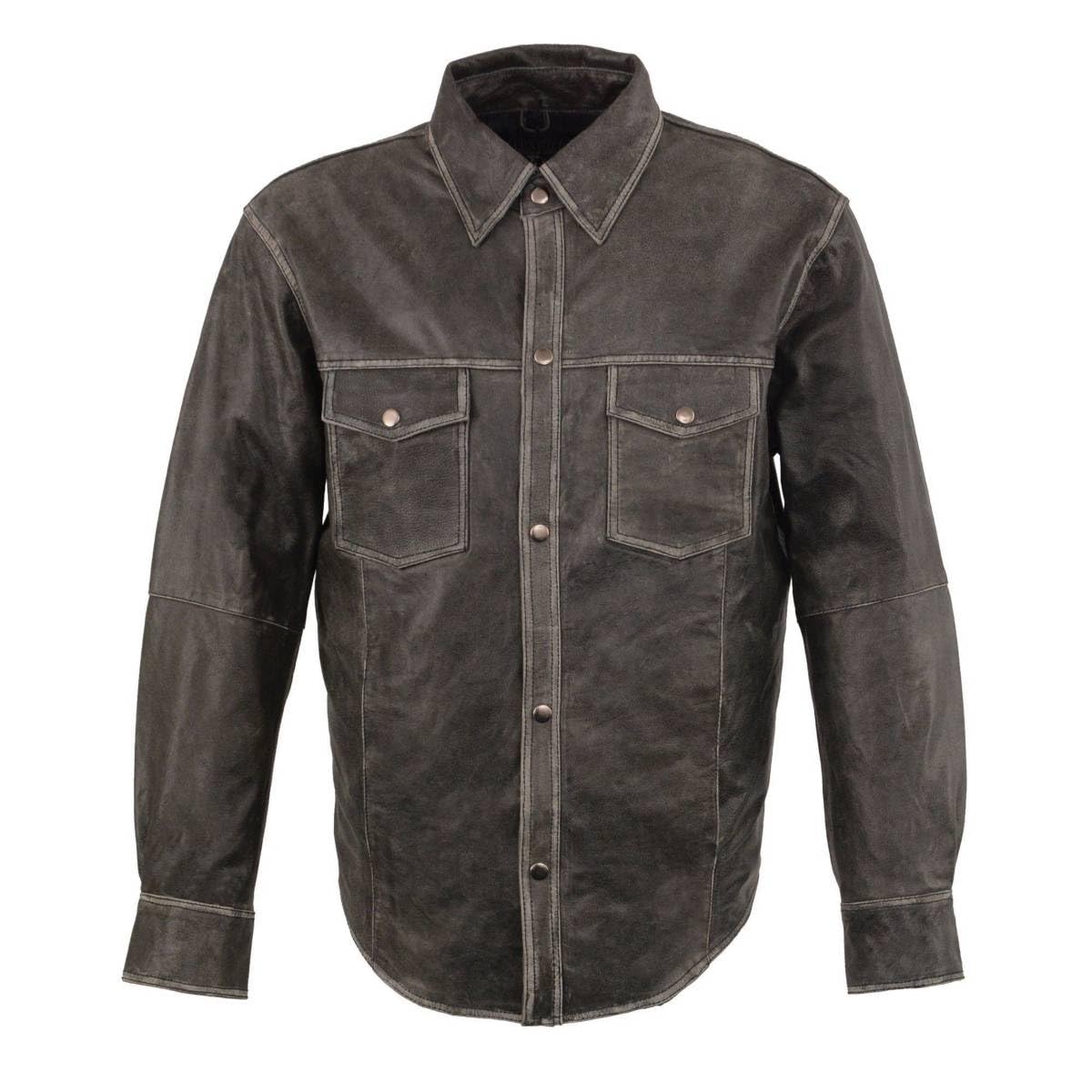 Milwaukee Leather MLM1605 Men's 'Button Down' Distressed Grey Lightweight Casual Biker Leather Shirt - X-Large